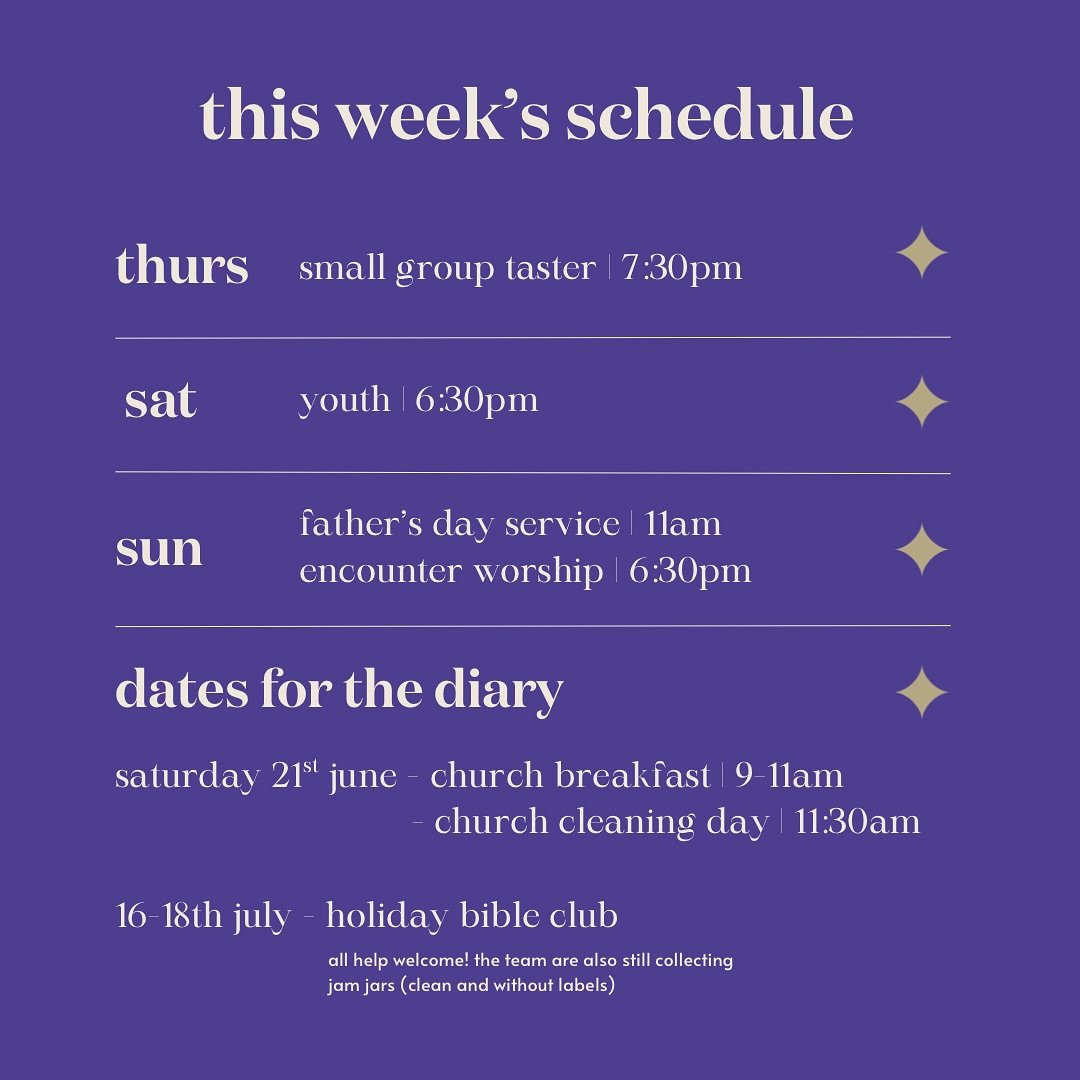 The schedule for the week 🎉
‼️no service tonight! 

🧽 For our church cleaning day we&rsquo;ll be focussing on doing work to the outside of church, but also cleaning some parts inside too. All help is welcome, and the more we have the more we can do