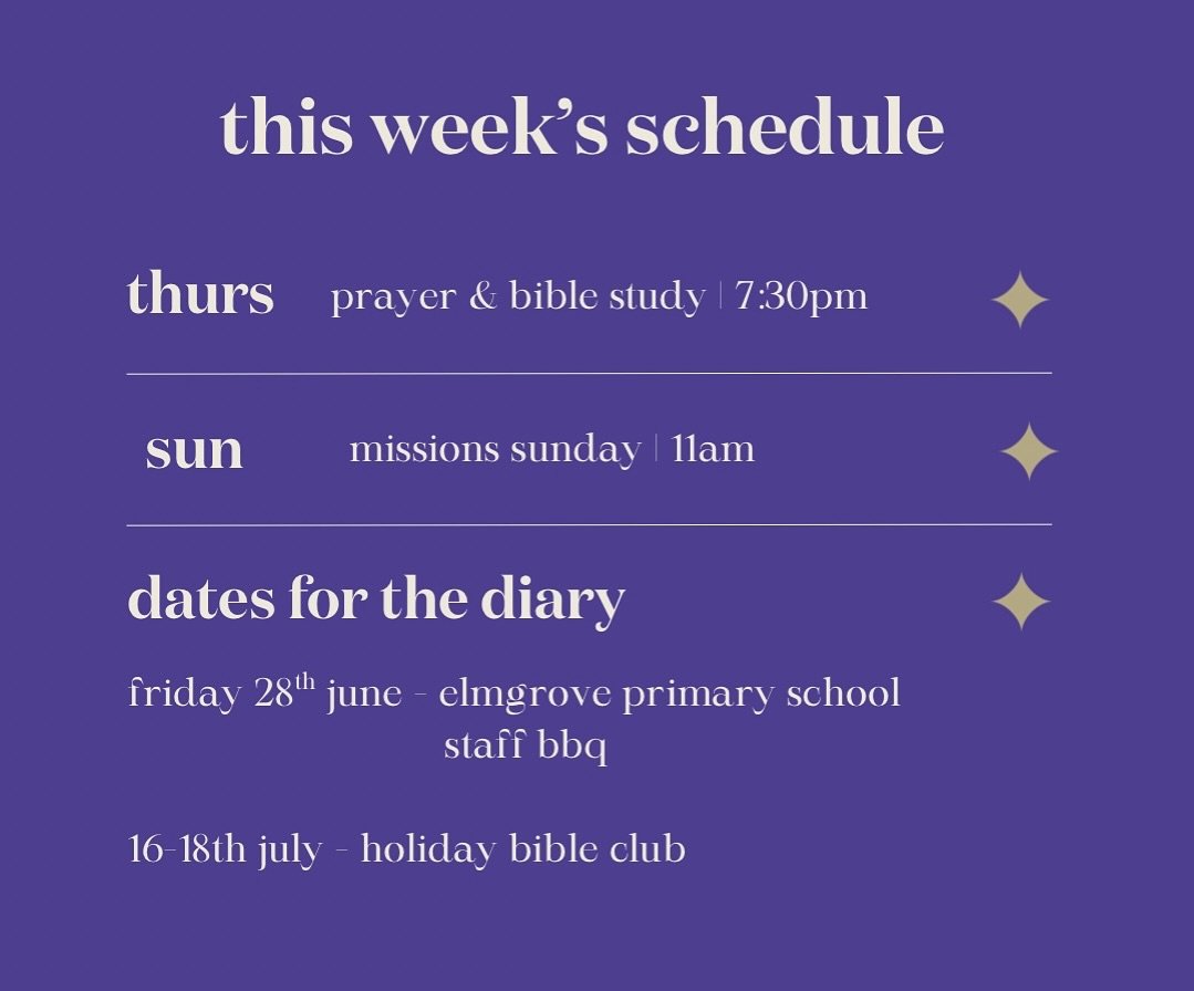 🗓️ This week&rsquo;s schedule! ☀️ 

‼️ No service tonight 

👋 if anyone is free to lend a hand at the Elmgrove staff BBQ (11am-2:30pm) please see Pastor John or Elder Alan 👍🏻 

☀️ Holiday Bible Club - if anyone can help with preparation for the w