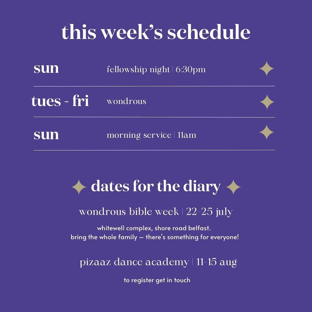 This weeks schedule is above! 

We are looking forward to wondrous this week! We would love to see you all there and fellowship together. 

Don&rsquo;t forget to get registered for Pizaaz! 🕺