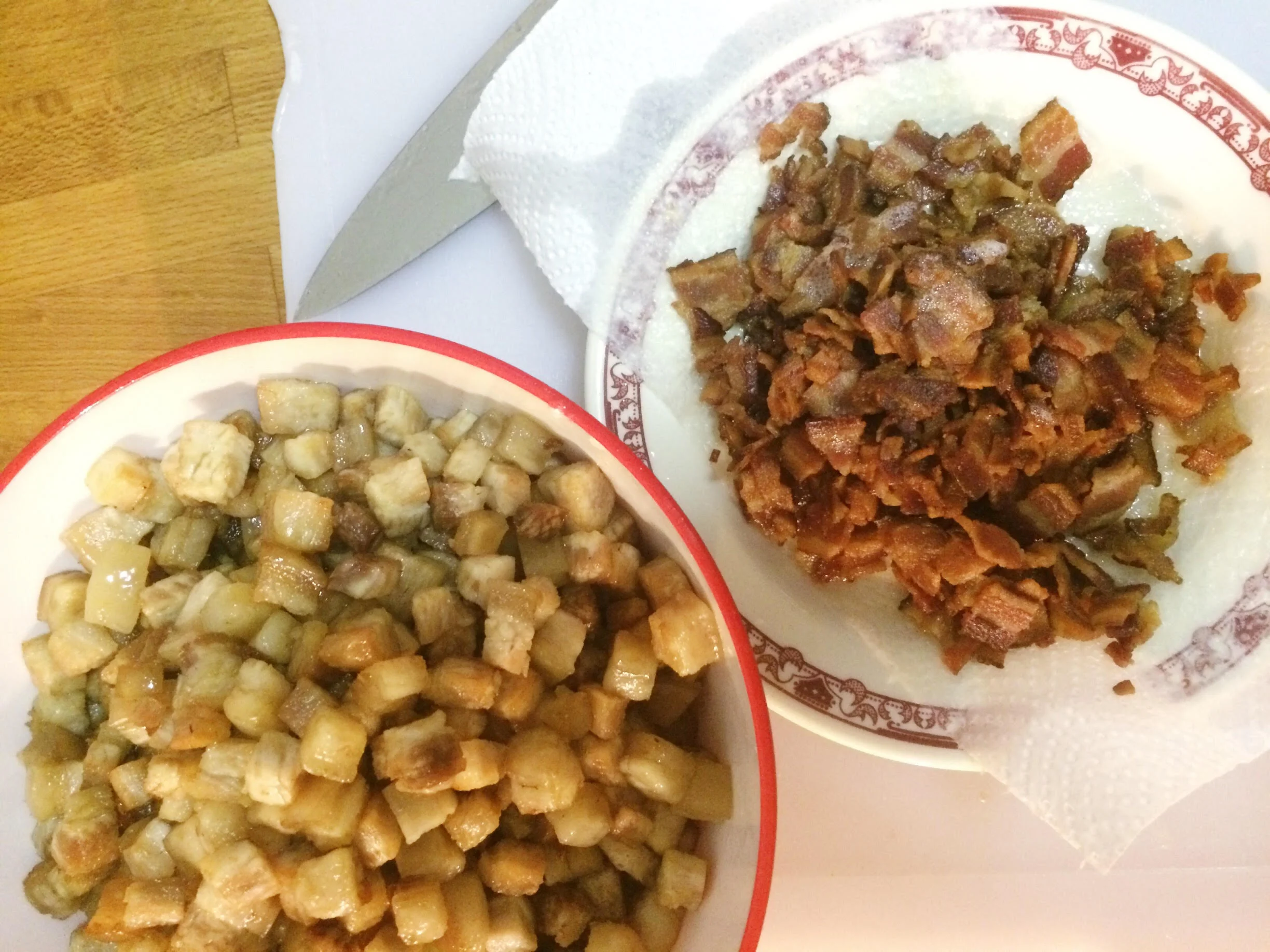 Pork belly two ways for Mac n Cheese – crispy pork belly & Benton's bacon