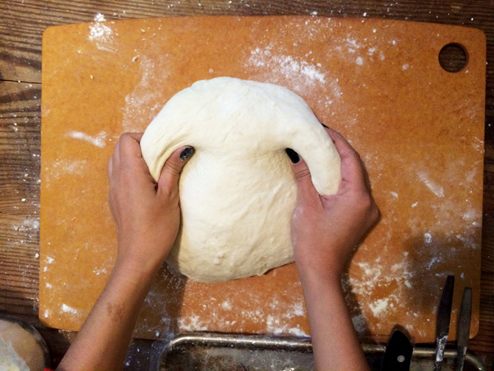 Kneading fresh dough for soup dumpling wrappers