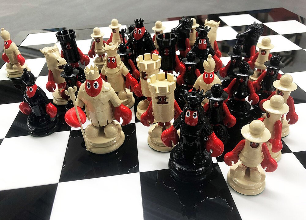 3d printed &amp; hand painted chess pieces for artist Phillip colbert