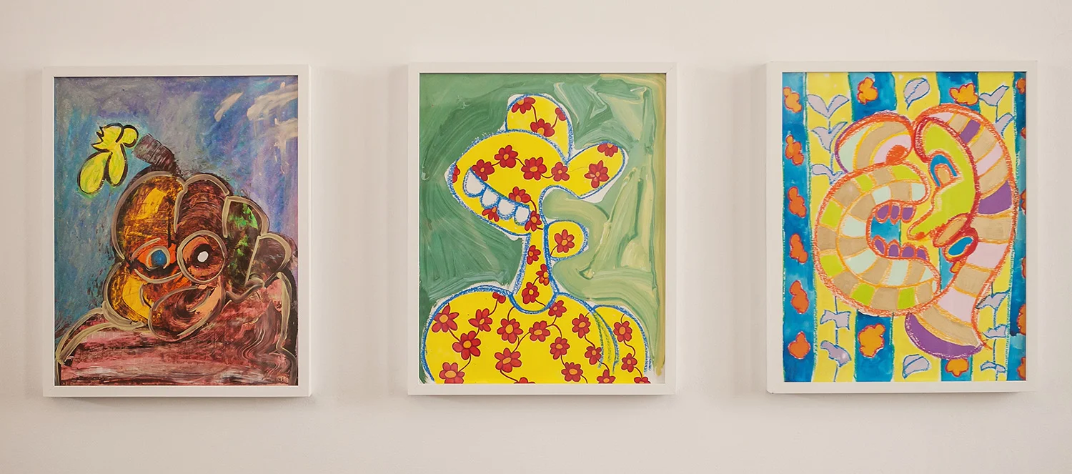 Sam (left), Richard (center), Susie and Frank (right), 2016, acrylic, guache and oil pastel on paper, 20”H x 16”W Photo credit Amanda Tipton