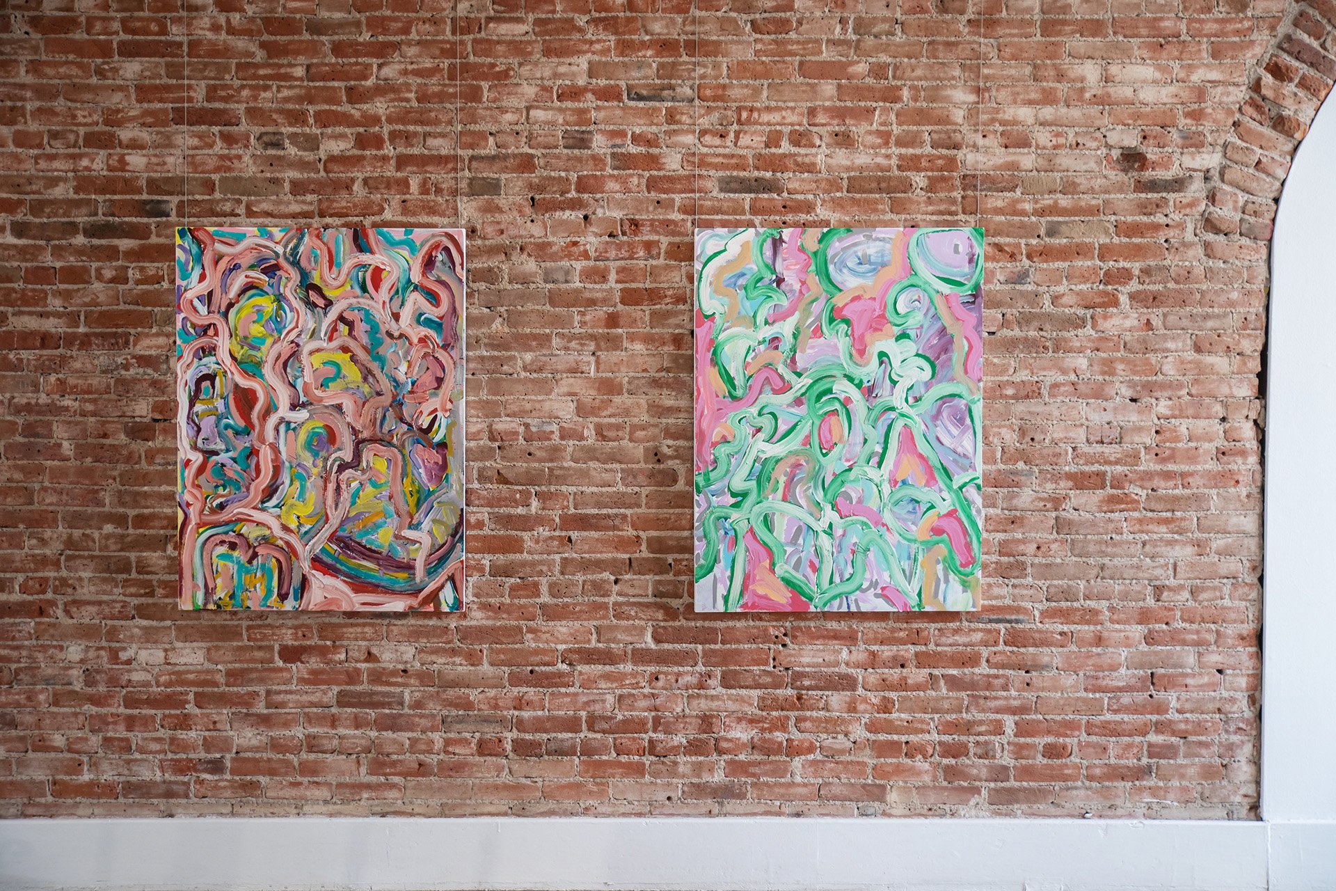   Lost Ranunculus  (Left), 2021, Acrylic on panel, 48”h x 32”w;  Sticky Hammock  (right), 2021, Acrylic on panel, 48”h x 36”w  Photo by Amanda Tipton 