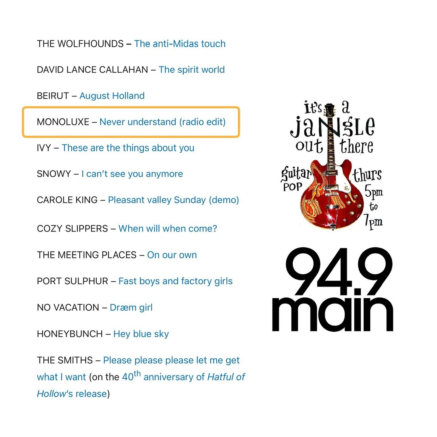 &ldquo;Never Understand&rdquo; finds itself in good company on the @94.9mainfm guitar pop radio program &ldquo;It's a Jangle Out There&rdquo;. You can listen to the show on mixcloud (link in bio), and of course the song is streaming everywhere (link 