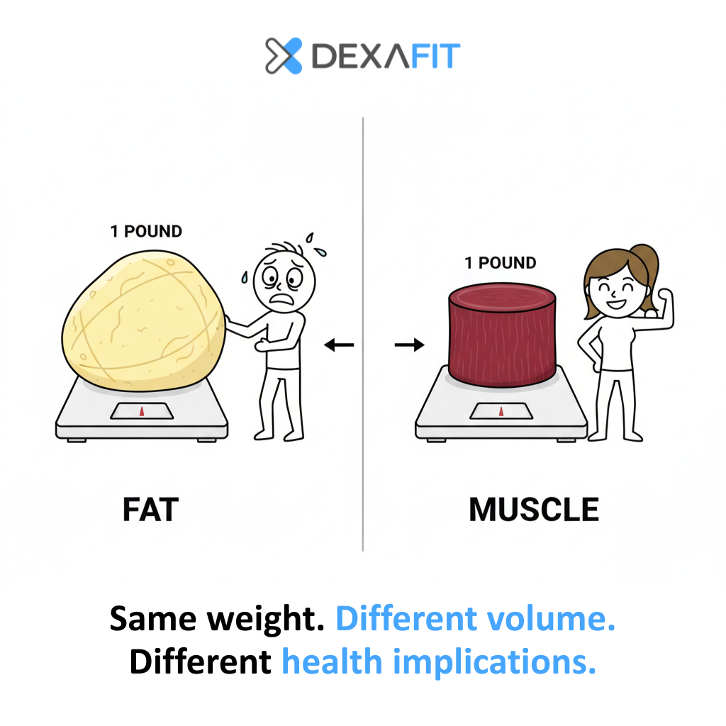 Fat vs Muscle Volume Comparison] Side-by-side photo or illustration: 1 lb of fat (small football-sized, yellow/pale) next to 1 lb of muscle (hockey puck-sized, red/dense).  Caption: "Same weight. Different volume. Different health implications."