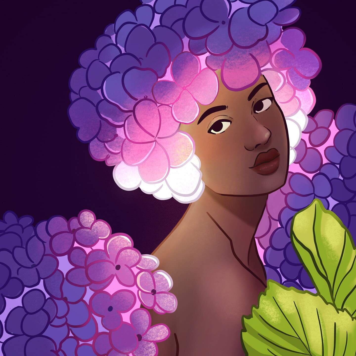 I&rsquo;m still working on #huevember slowly but surely I love purple hydrangeas and had the idea of using it as a hair ! What is your favorite flower? 🌸 🌺 

#huevember2023 #purplehydrangea #hydrangea #procreateart #procreate #digitalart #digitalar