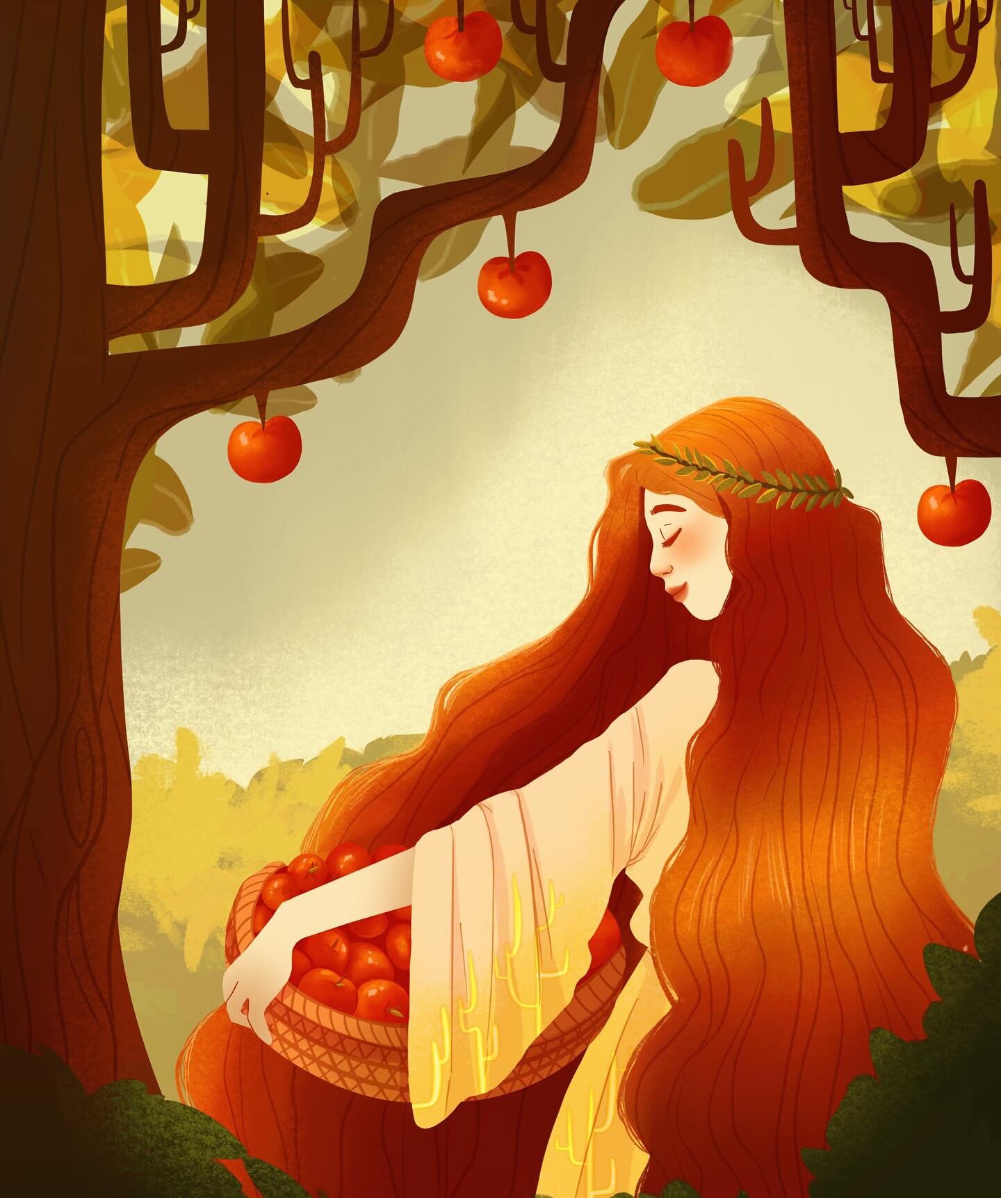 Had so much fun illustrating I&eth;unn, the norse goddess of eternal youth. She is associated with apples, youth, and rejuvenation. I love norse patterns and incorporated the lines found in those in her hair, trees and dress. This is part of the #god