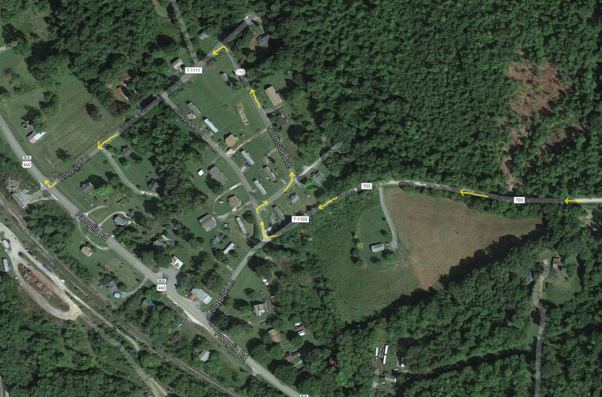 Old Pamplin Rd, Rt 703 to Claypipe Lane, to Northside Ave, to Claypipe Lane to Pamplin Road