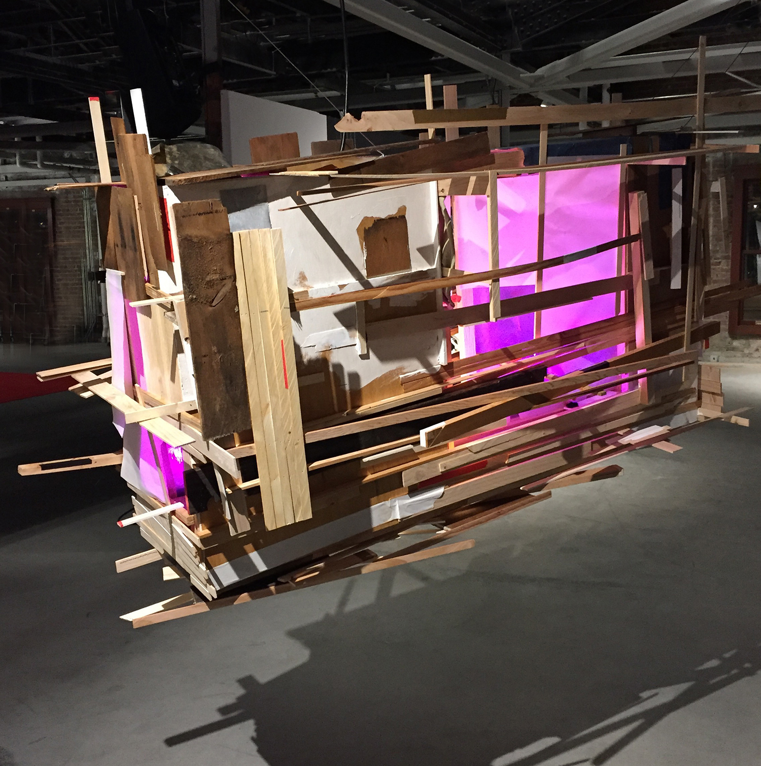 Bradly Gunn, Theatrum Orbis Terrarum (Theatre of the World) . Lumber, vellum, paint, tape and fluorescent light, 72”L x 29”W x 60”H, 2016
