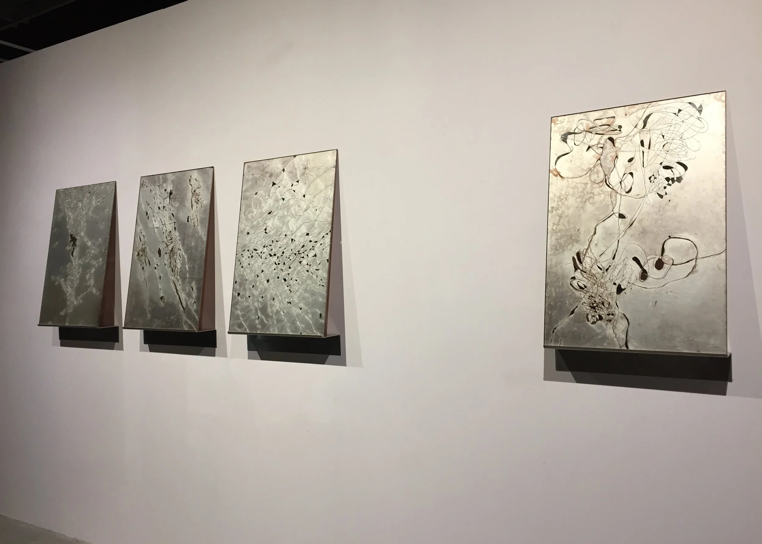 Synaptic Lexicon, silvered glass, 22” x 28” each, at 9e2: Art and Technology, King Street Station.