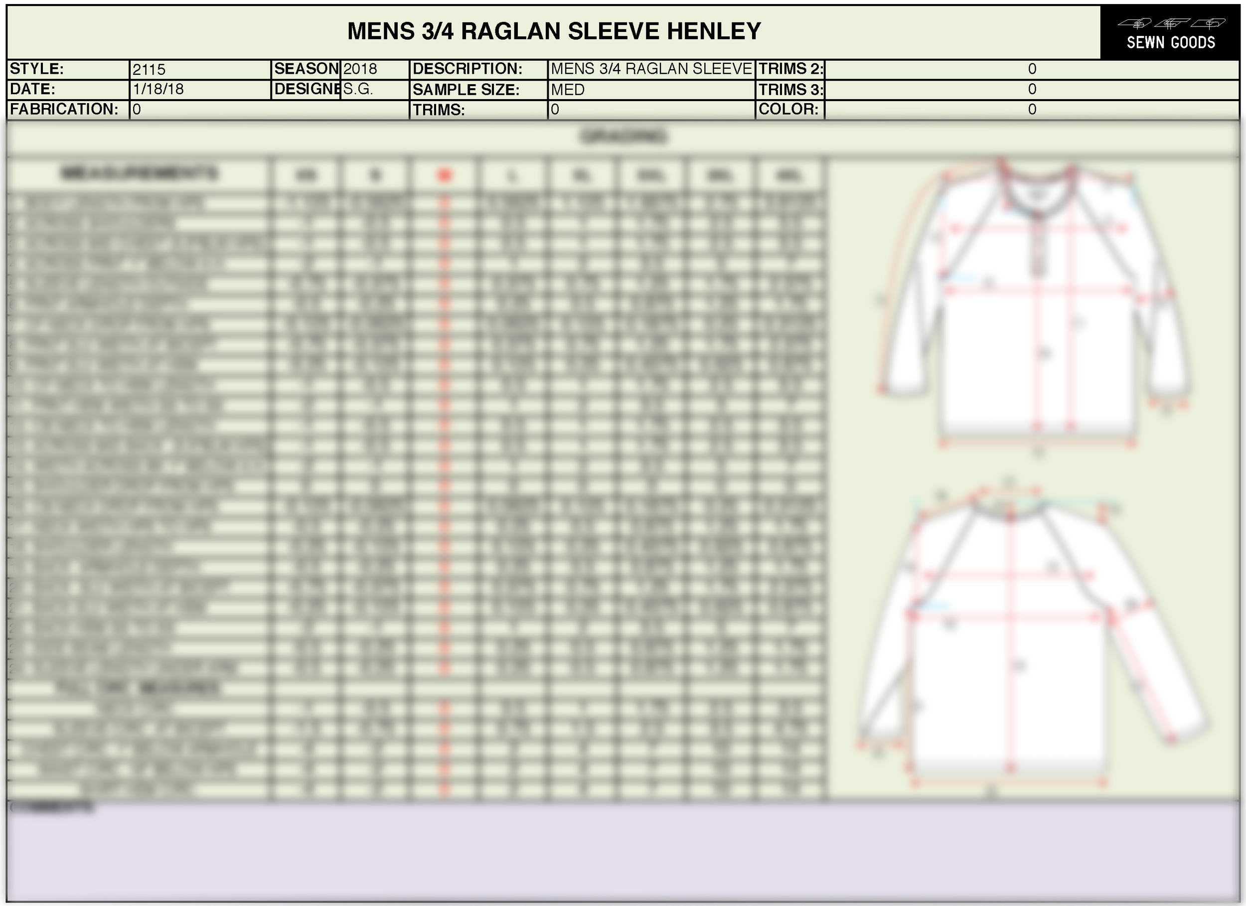 3/4 raglan sleeve henley t shirt tech pack grading.