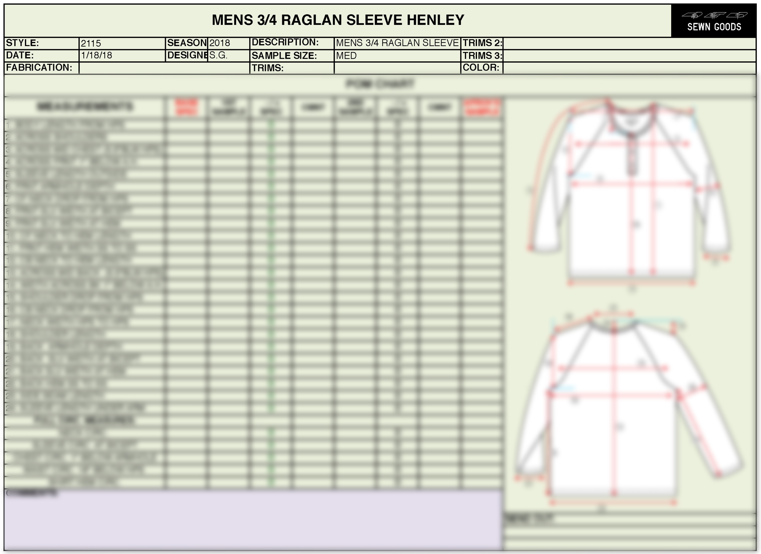 3/4 raglan sleeve henley t shirt tech pack.