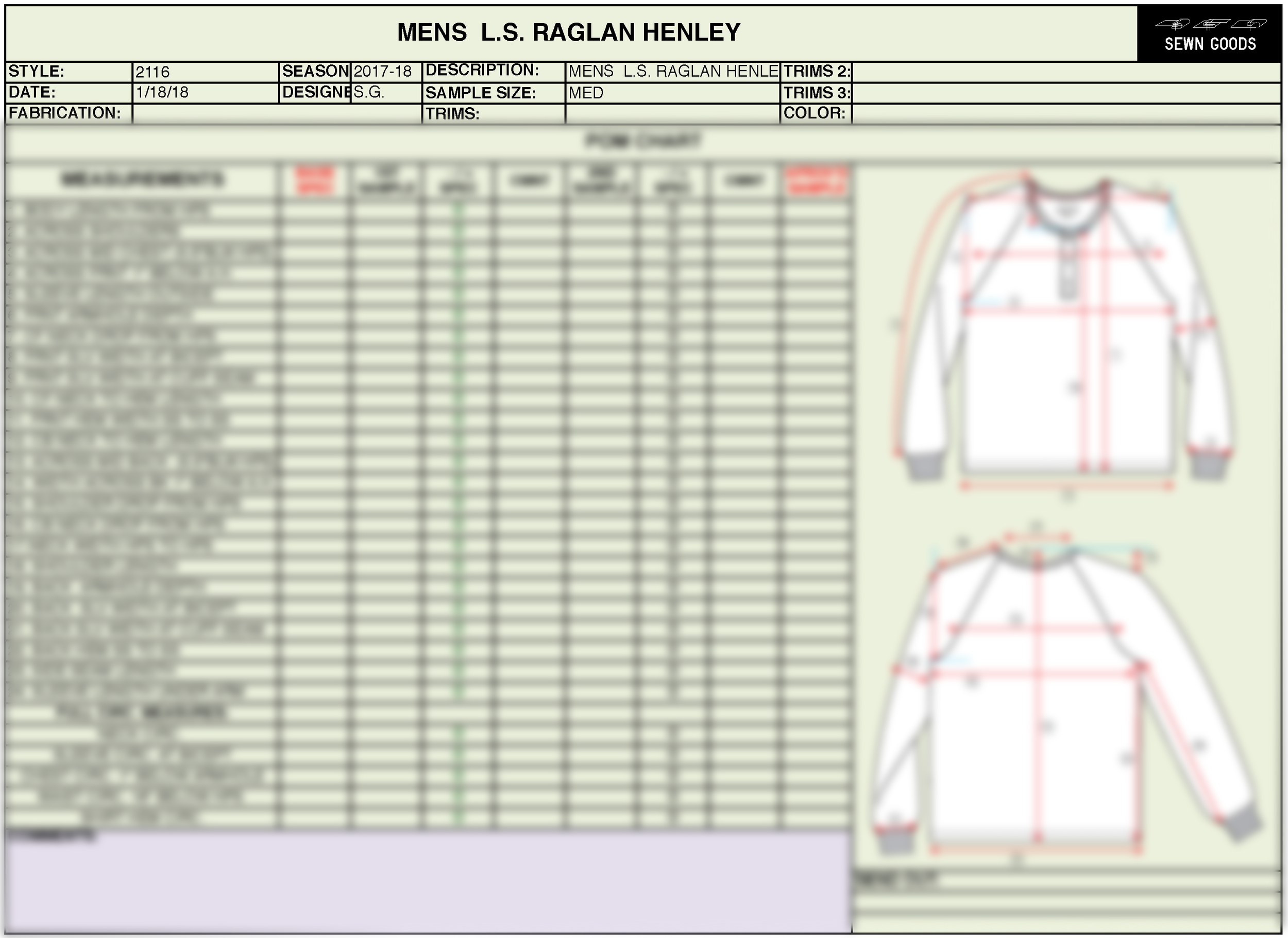 long sleeve raglan henley t shirt tech pack.