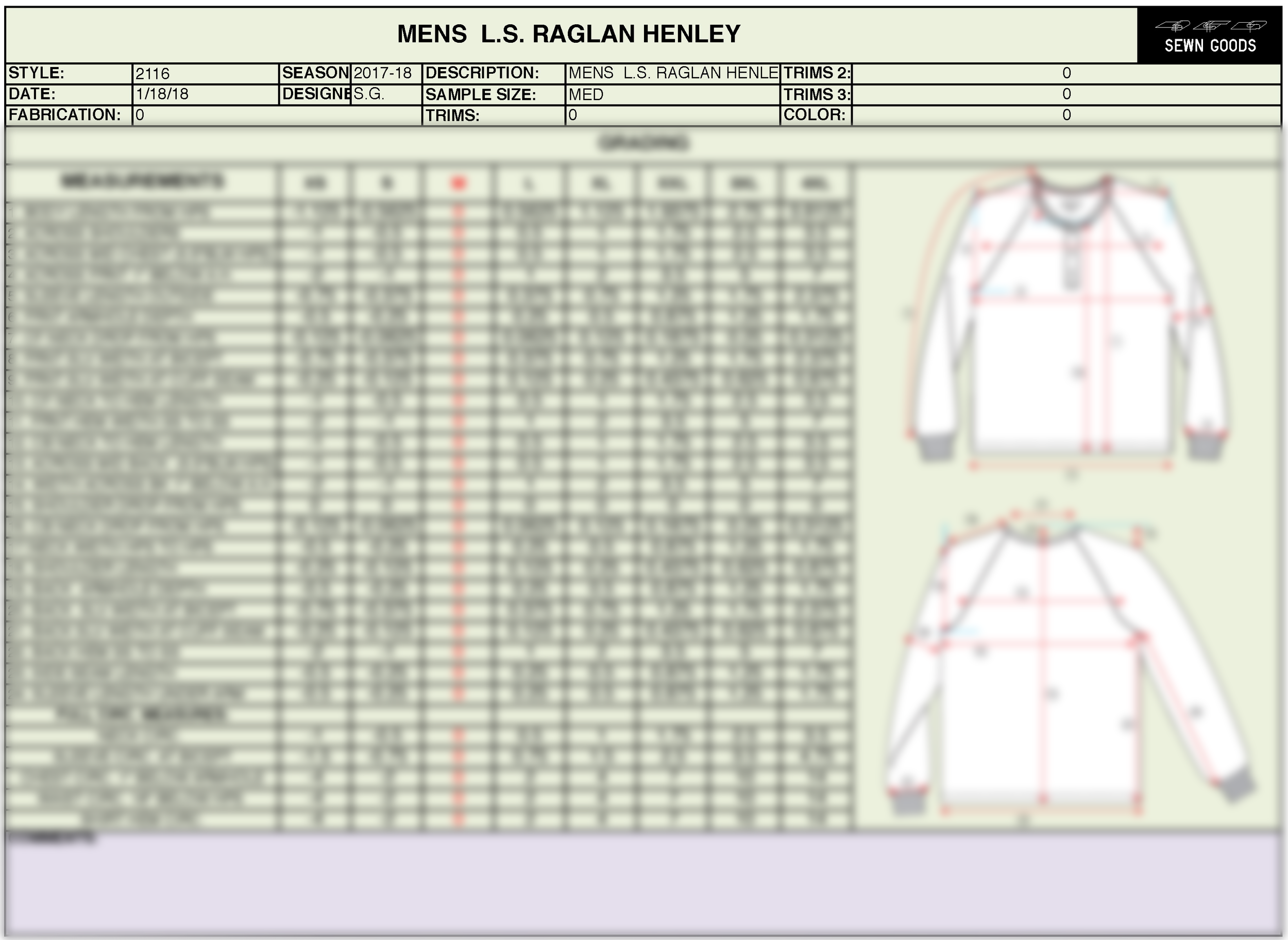 long sleeve raglan henley t shirt tech pack grading.