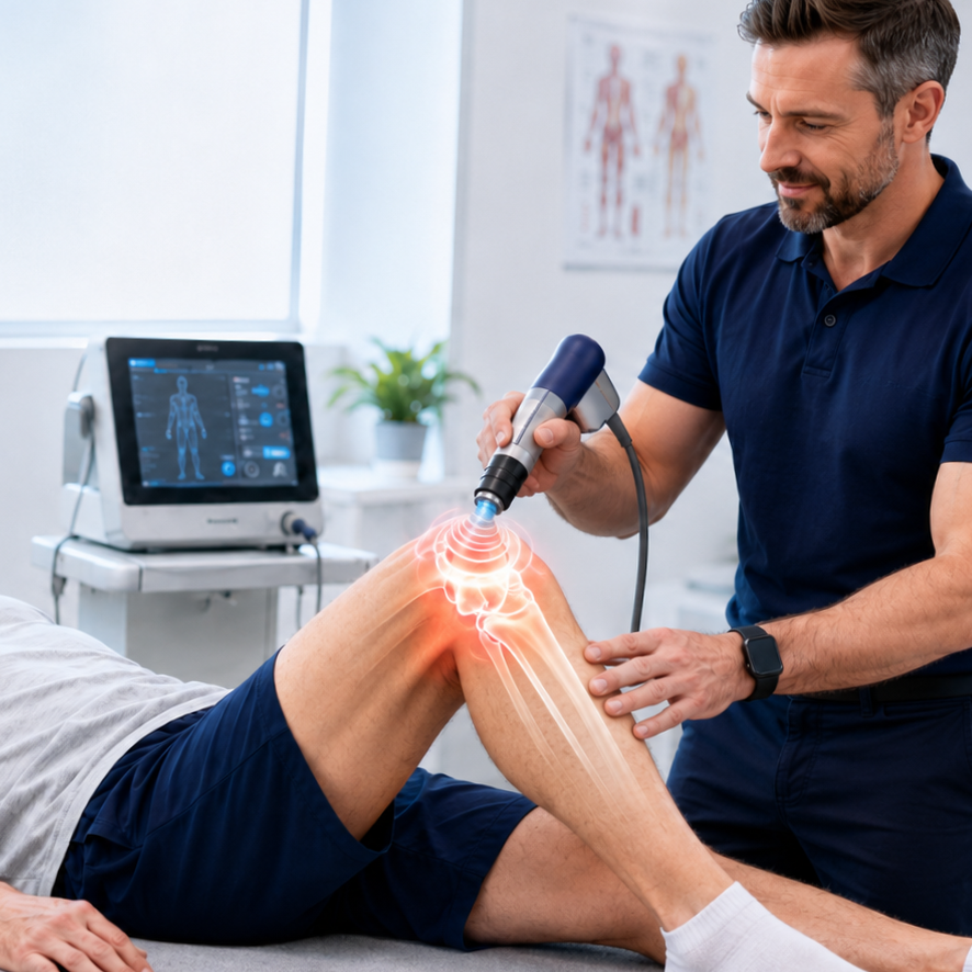Shockwave Therapy for Knee osteoarthritis pain relief. Sports chiropractor providing shockwave therepy to the knee.
