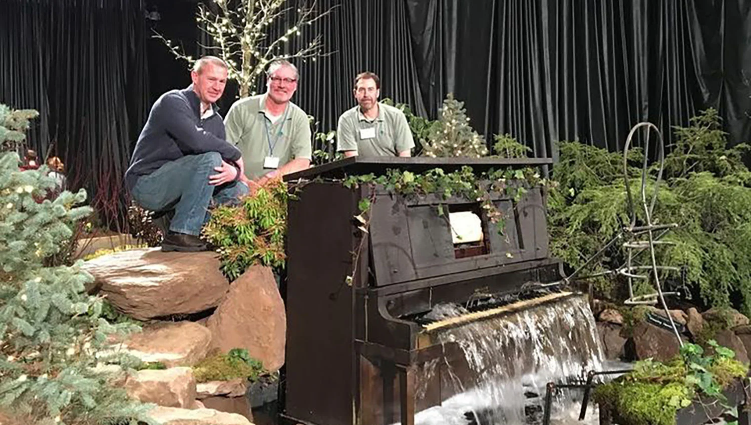 Hartford, Connecticut - Scott Walowski, Steve Walowski & John Wilcox of Hillside Landscaping Co. and their award-winning landscape design display featuring a Piano waterfall at the 2016 Connecticut Garden & Flower Show.