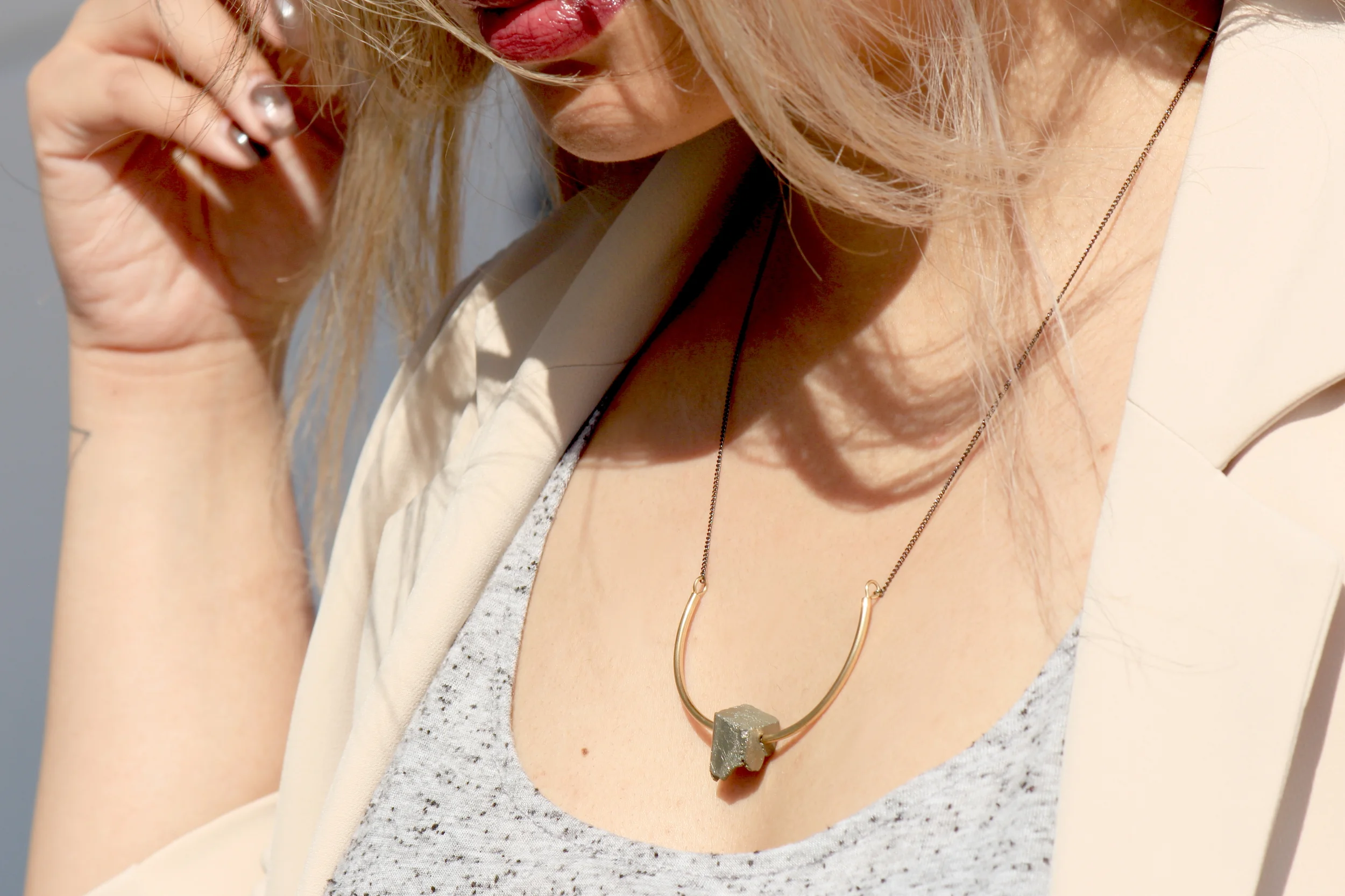 Thor necklace by MD.13 jewelry (pyrite cubed stone & gold curved tubes)