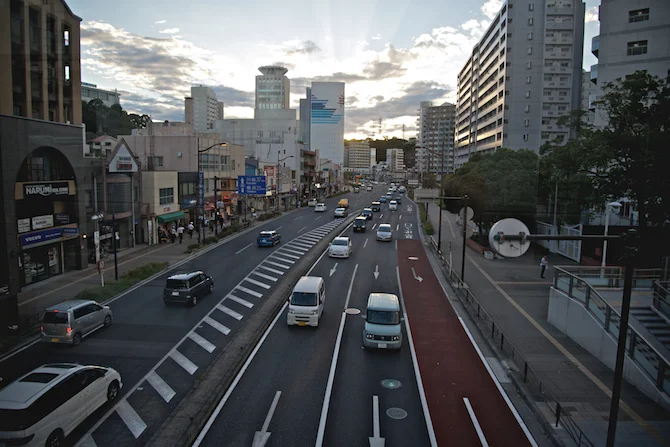 On a crosswalk overlooking one of the main roads in our city, Yokosuka.