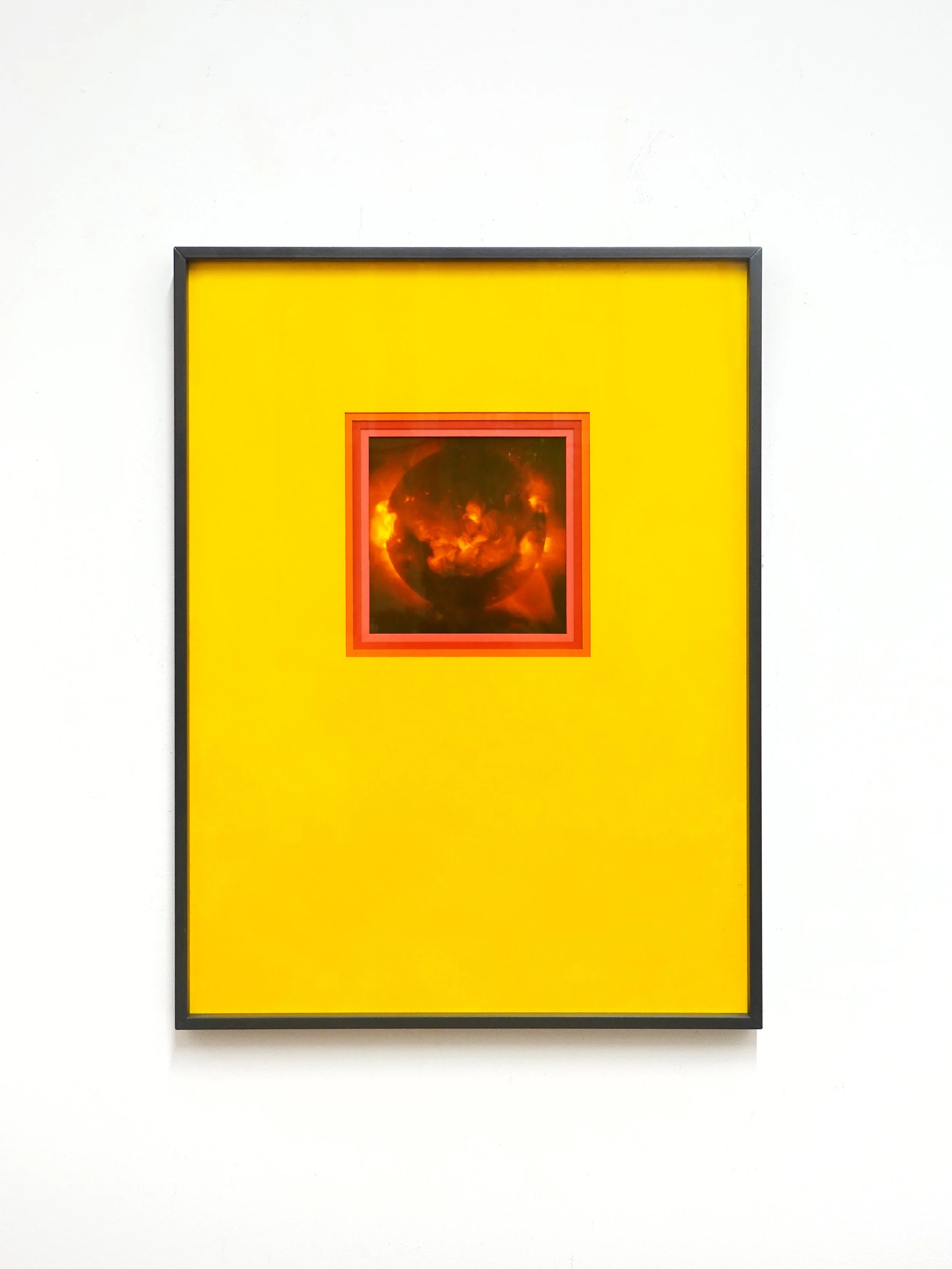  Portal (my eyes tear in the sun), 2026, Nasa educational document, matte board, flashe, polycarbonate plastic, metal frame, 24 x 18” 