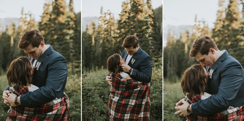 bride and groom embracing on mount rainier
