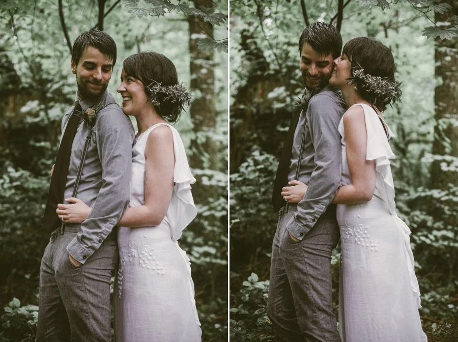 bride and groom in the woods