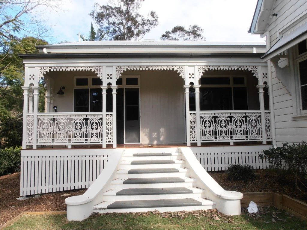 New Section Of House Matches The Existing Perfectly. Classic Stairs & Balustrade, French Doors & Windows Over. Brookfield, Brisbane