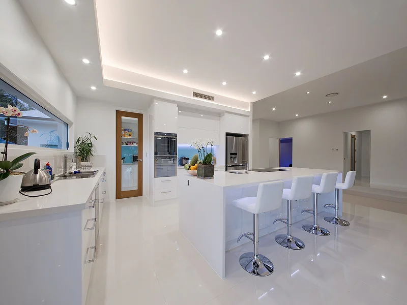 Modern kitchen with feature bulkhead & lighting. Glass and timber door to walk in pantry. House design by Empire Design & Drafting