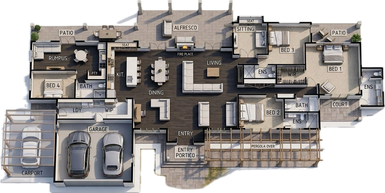 Top-down 3D floor plan visualization of a sprawling four-bedroom, single-story residential home featuring a central open-plan kitchen and living area, an integrated alfresco space with a fireplace, and a double garage