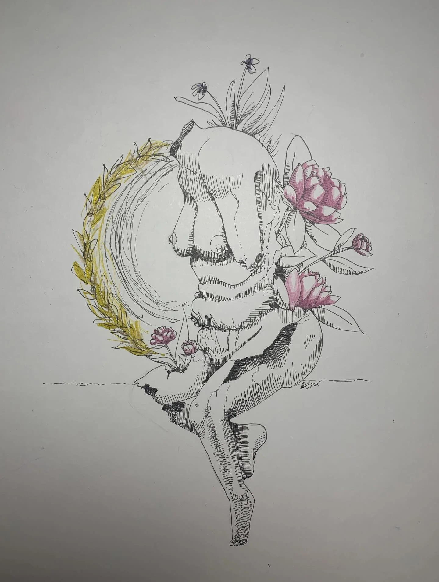 More of the minimal ink drawings, but with spurts of watercolor and acrylic.  Peonies and small orchids adorn this motherly vessel.
#montanaartist #shermerartwork #abstractnude q