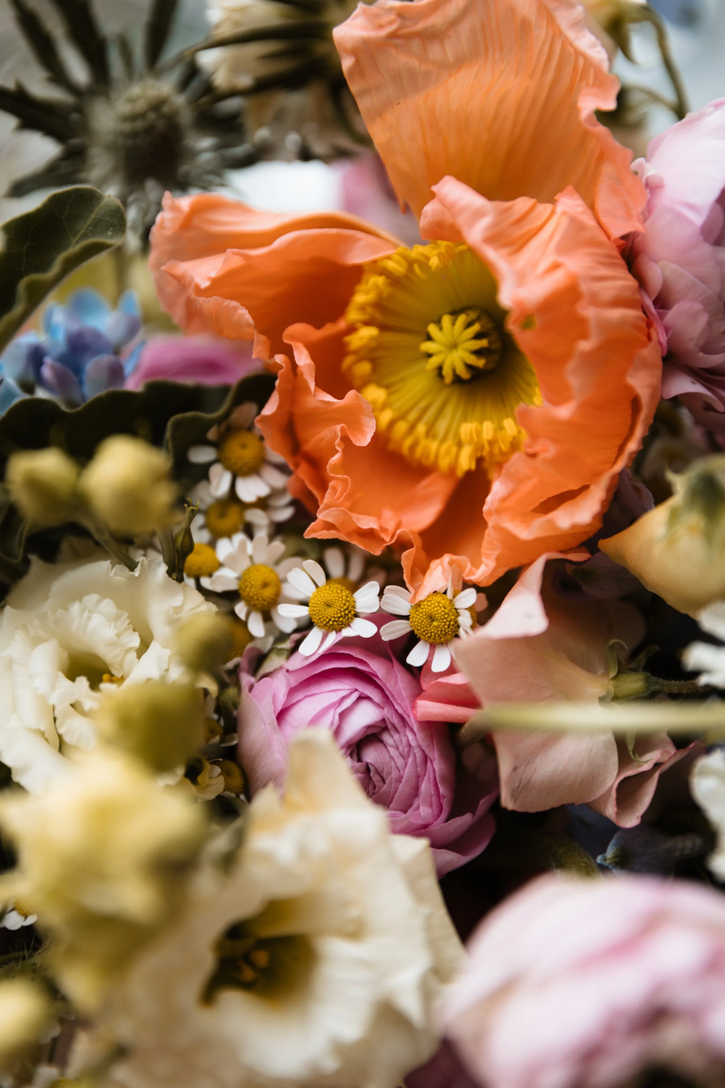 A detailed close up shot of wedding flowers.