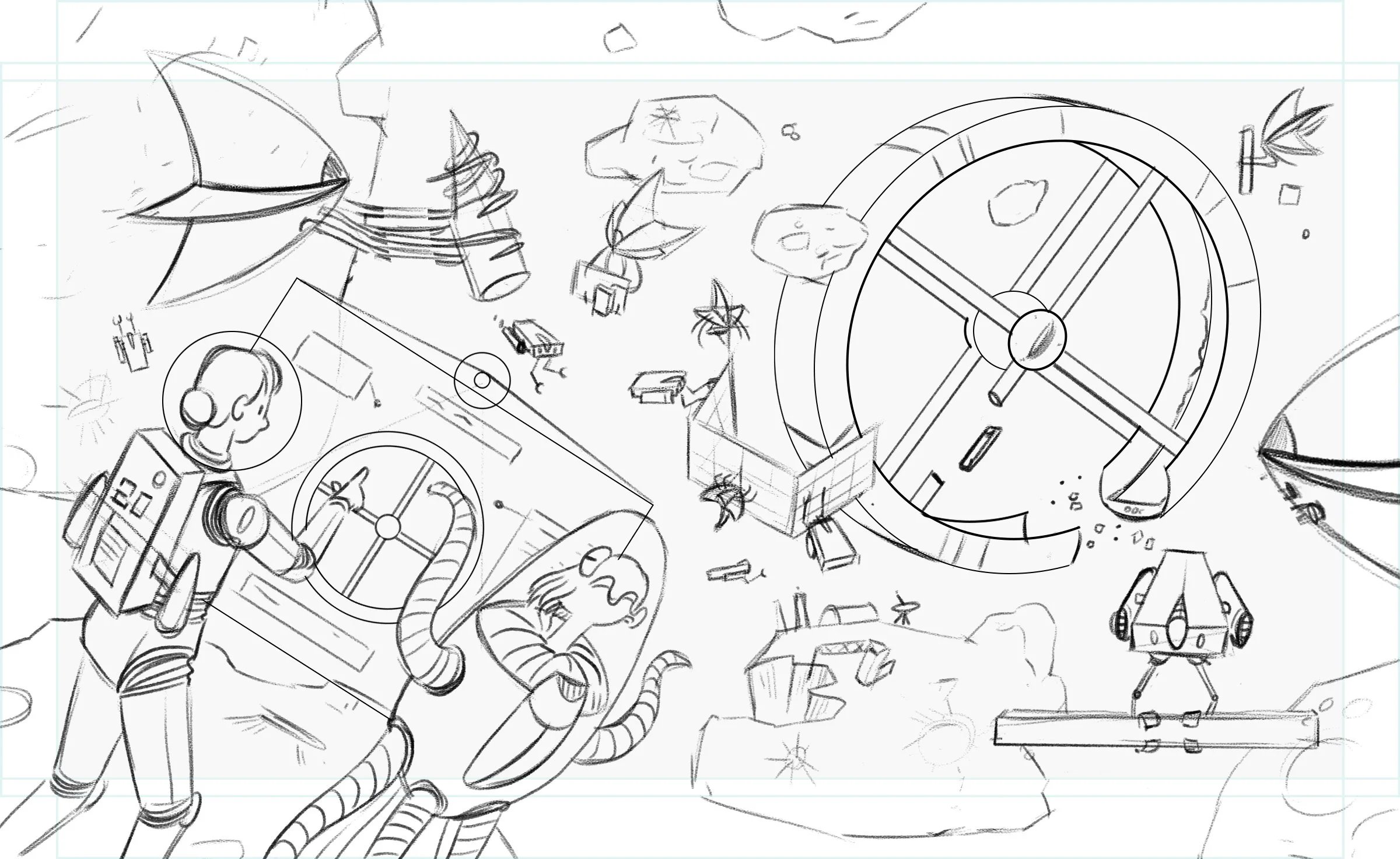The animation was planned in this phase. All moving pieces where designed and their motion plotted before final art was made.