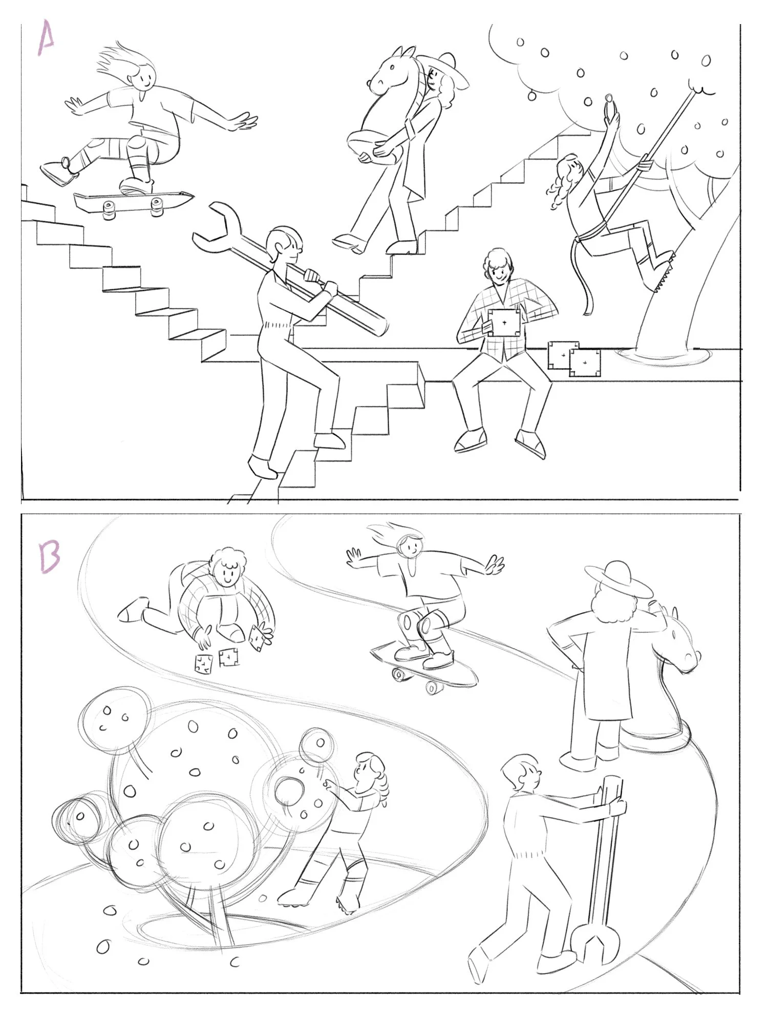 I wanted to incorporate visual themes the client was already using on their site. These include the fruit tree, chess pieces, light bulbs and skateboards.