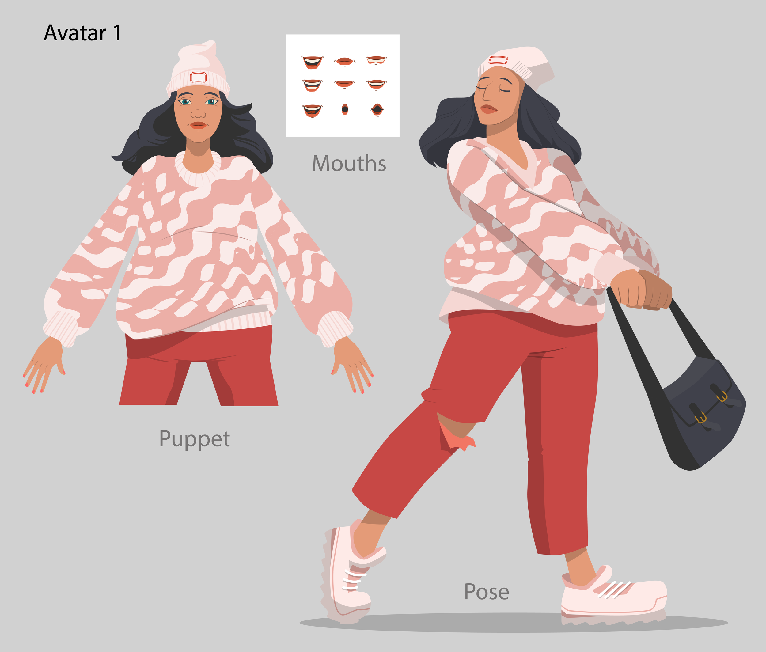 Final pose, puppet model, and mouth sheet for animation for Avatar 1.