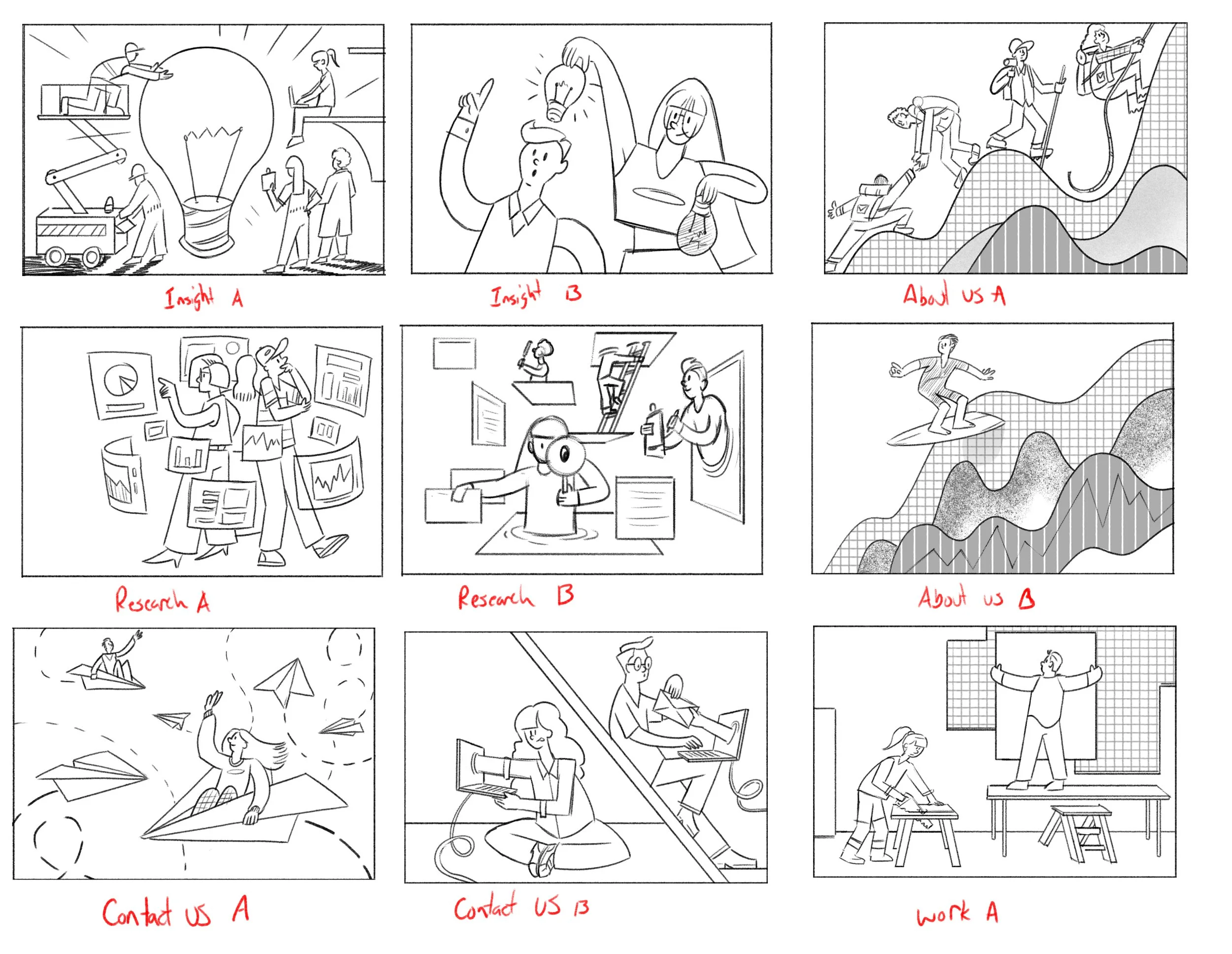 Sketches for "Hero" header images. I had worked on previous header images for the client, so I was already familiar with the tone, and aesthetics for these images.