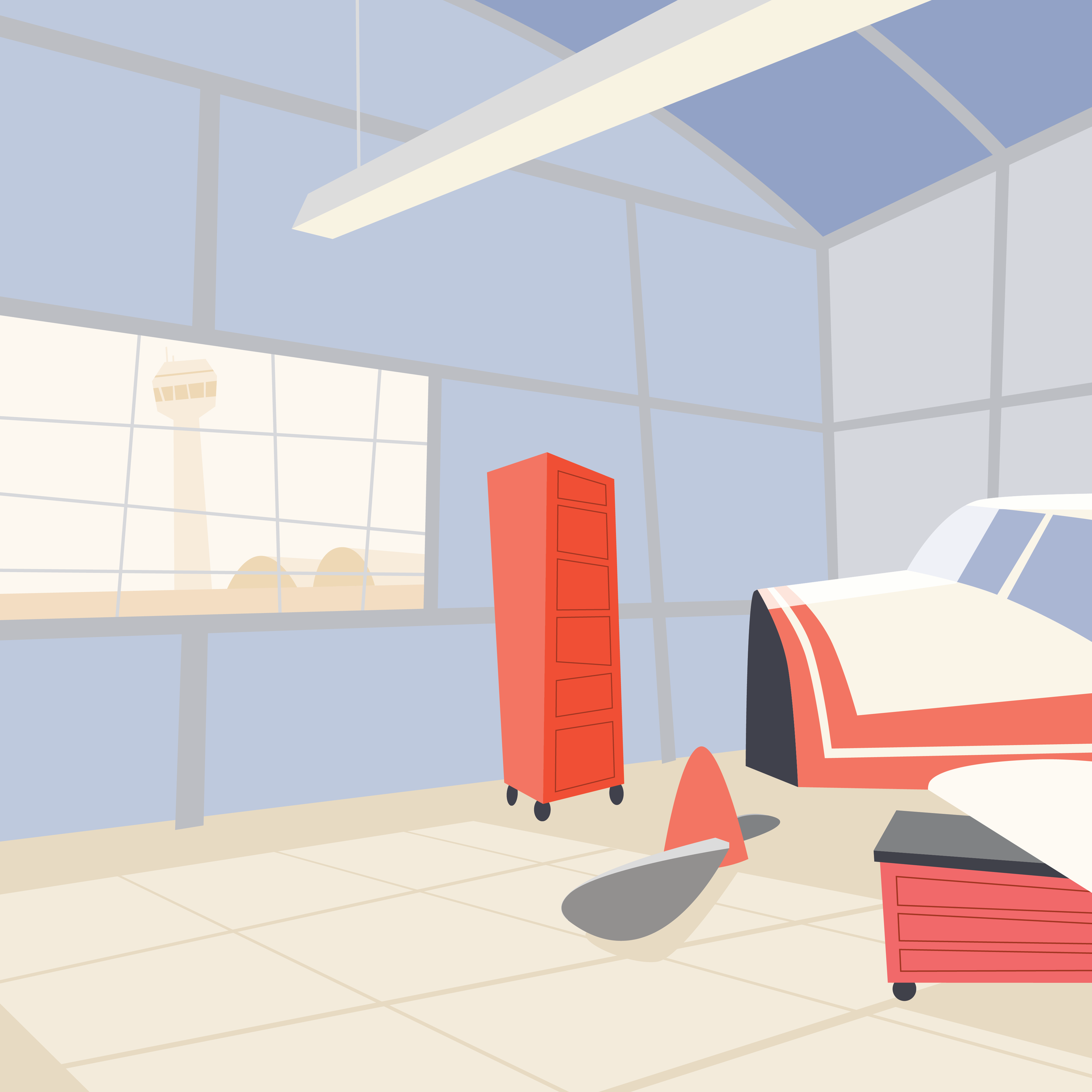 Airplane mechanic hangar interior.