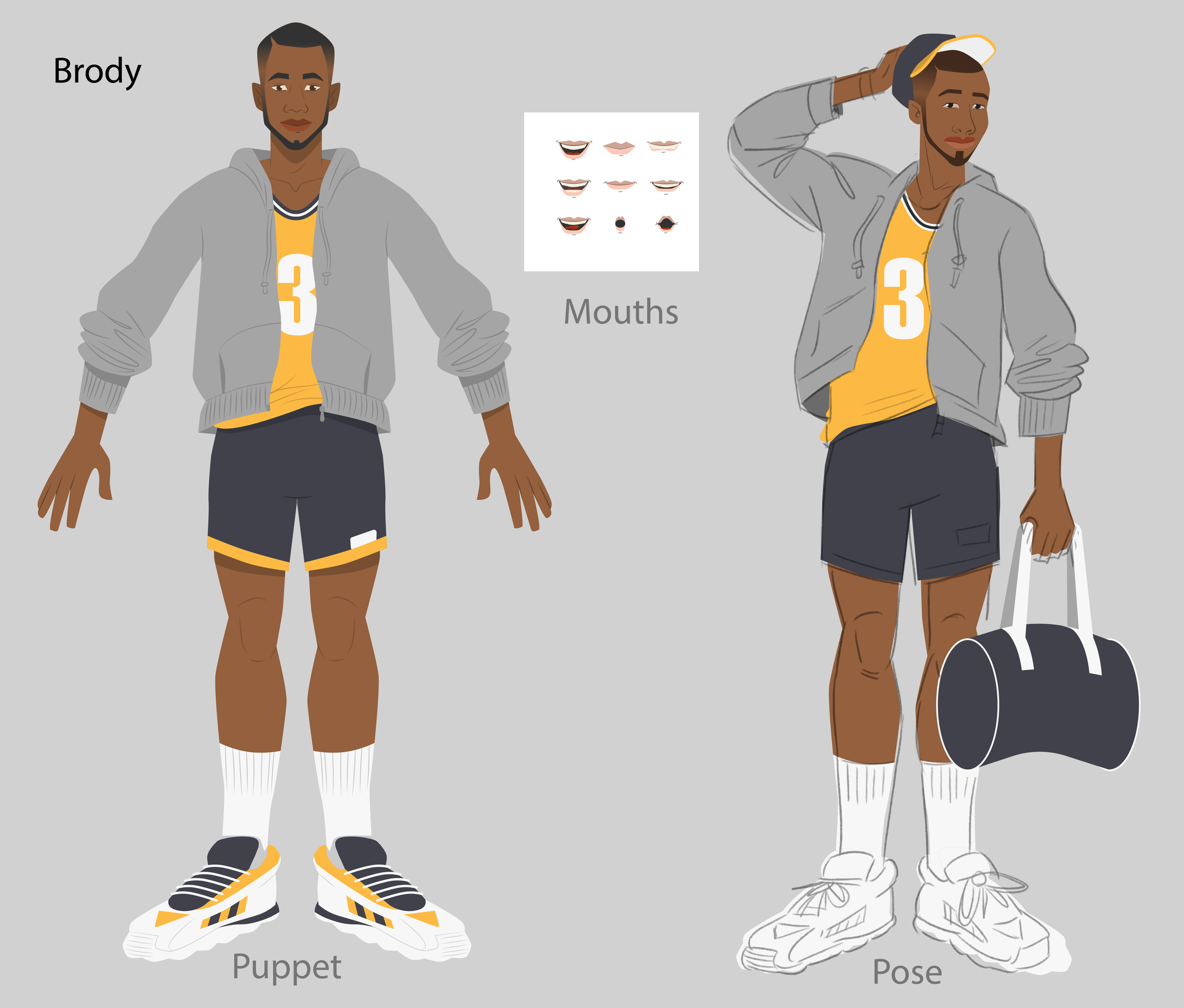 Final pose, puppet model, and mouth sheet for animation for roommate Brody.