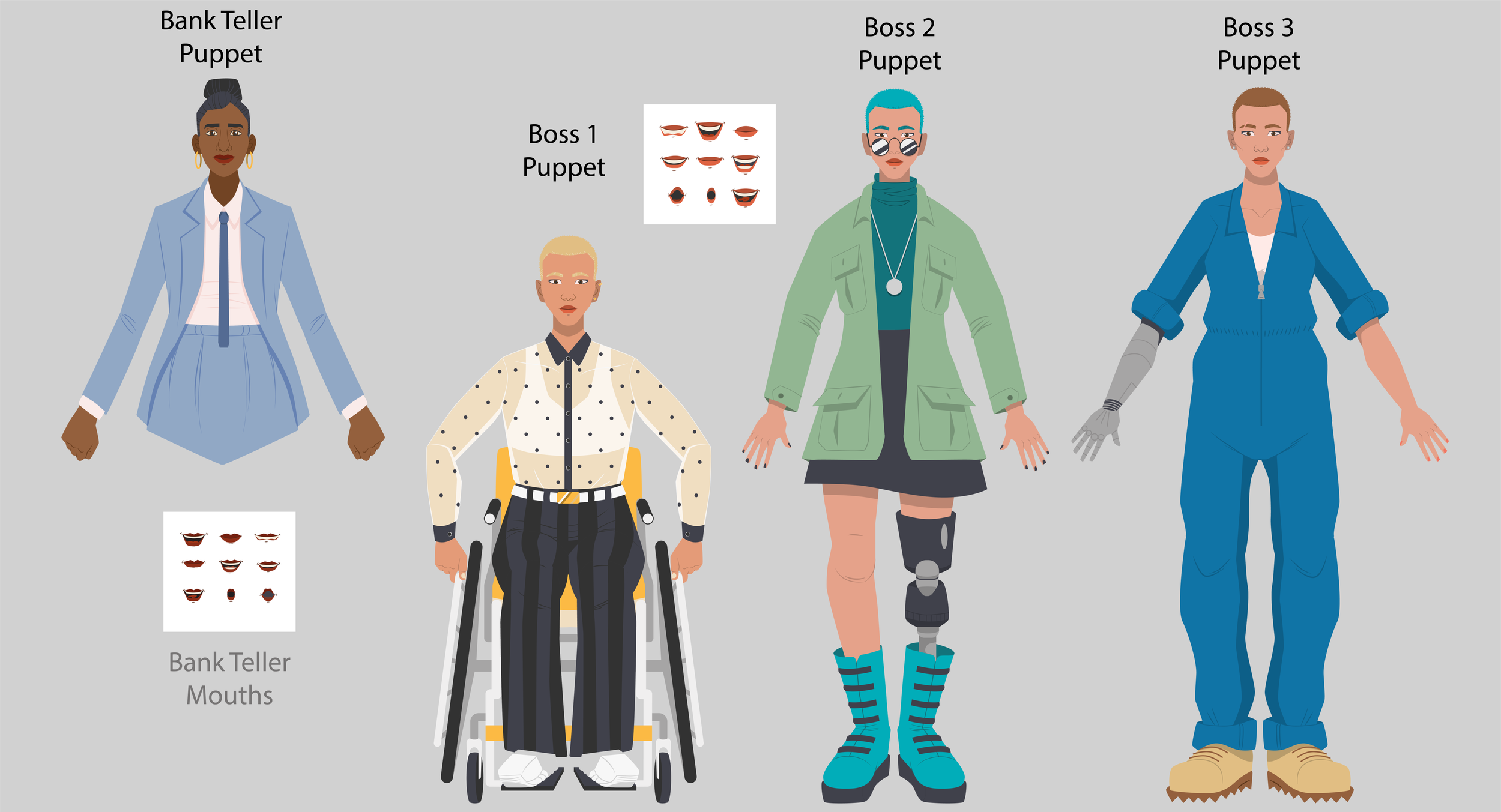 Final puppet model, and mouth sheet for animation for Bosses and Bank Teller NPCs.