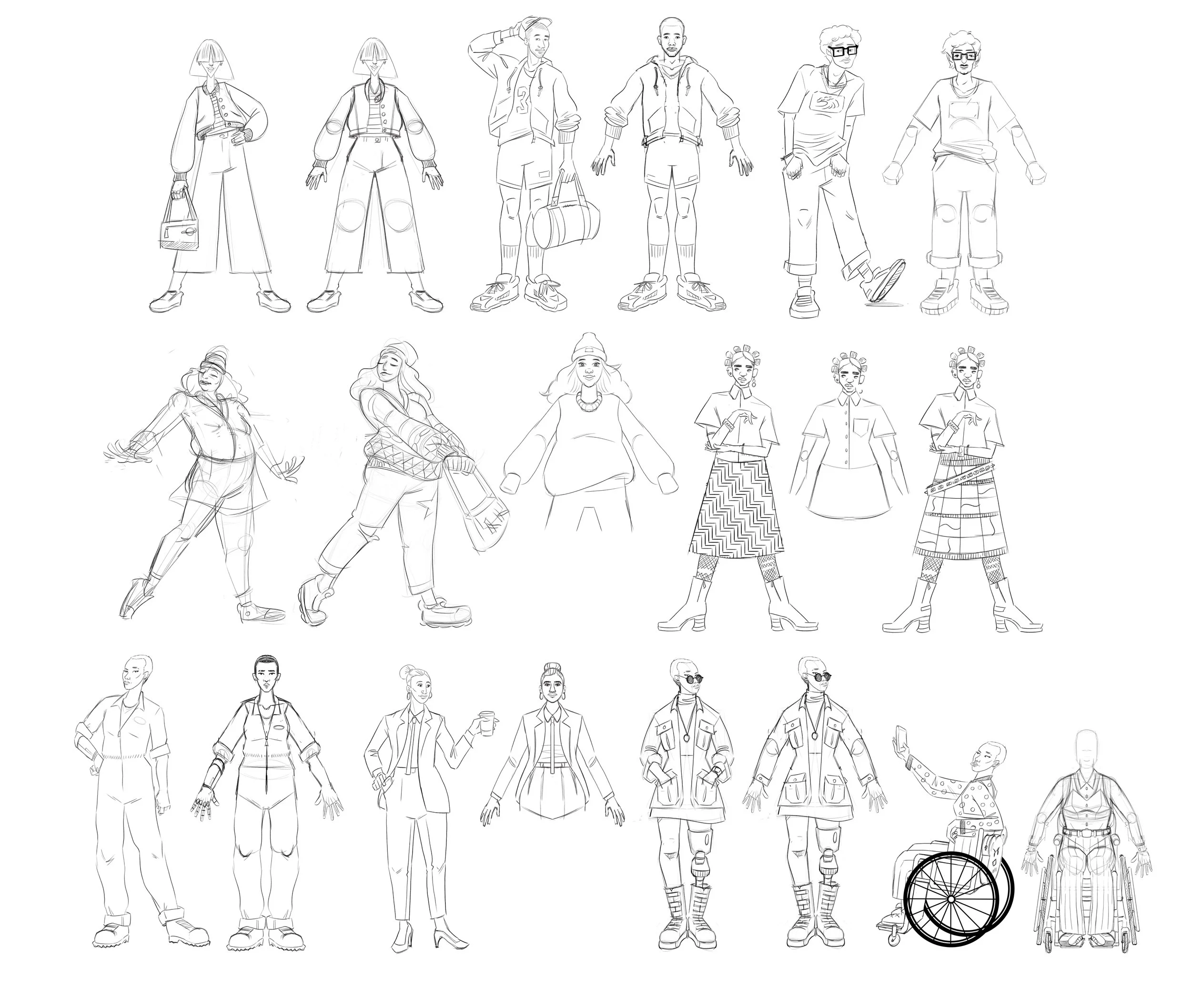 Sketches based off of the mood boards. The client identified that they wanted the characters to animate, so a gesture pose and flat pose to create animatable “puppets” where required.