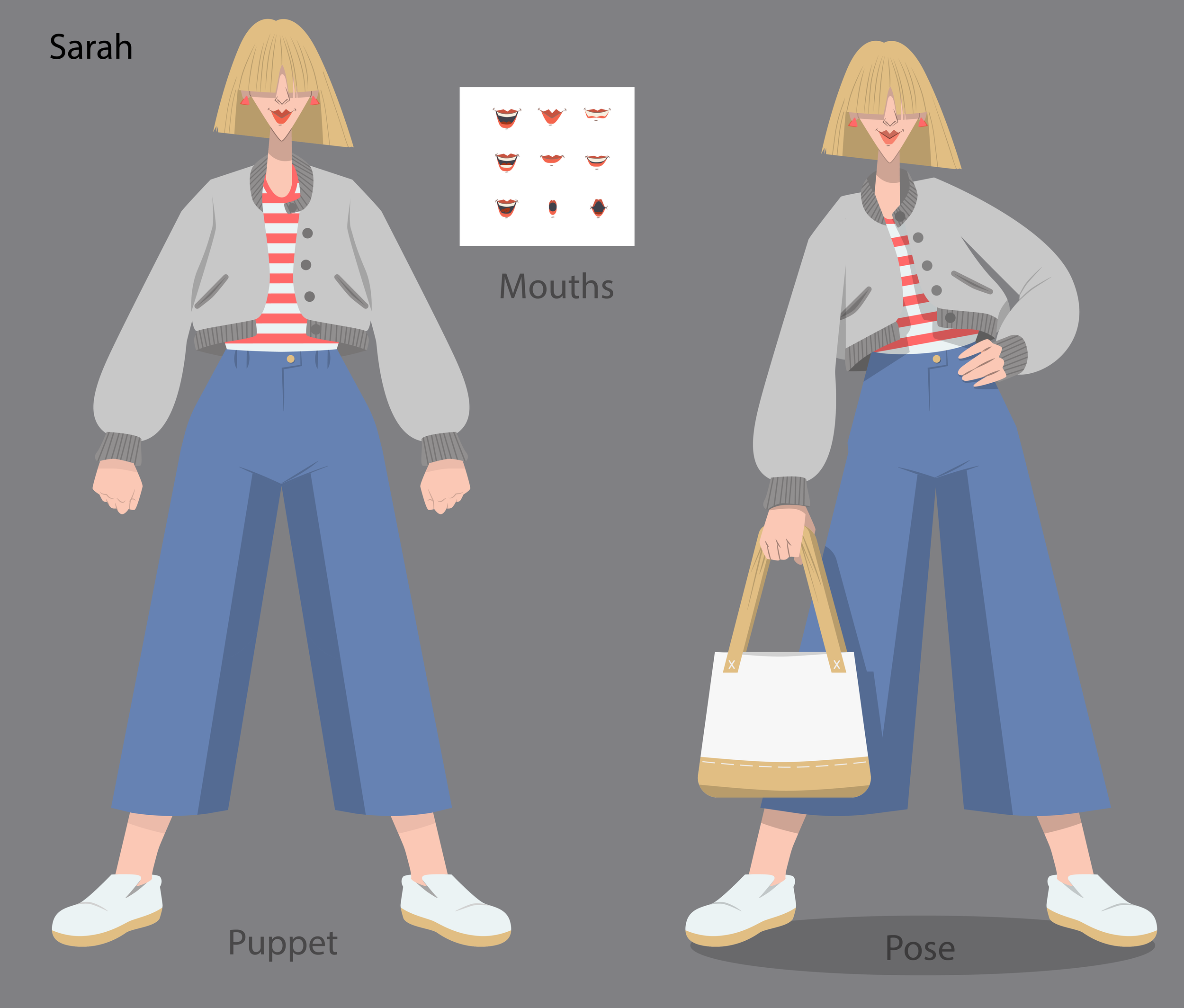 Final pose, puppet model, and mouth sheet for animation for roommate Sarah.