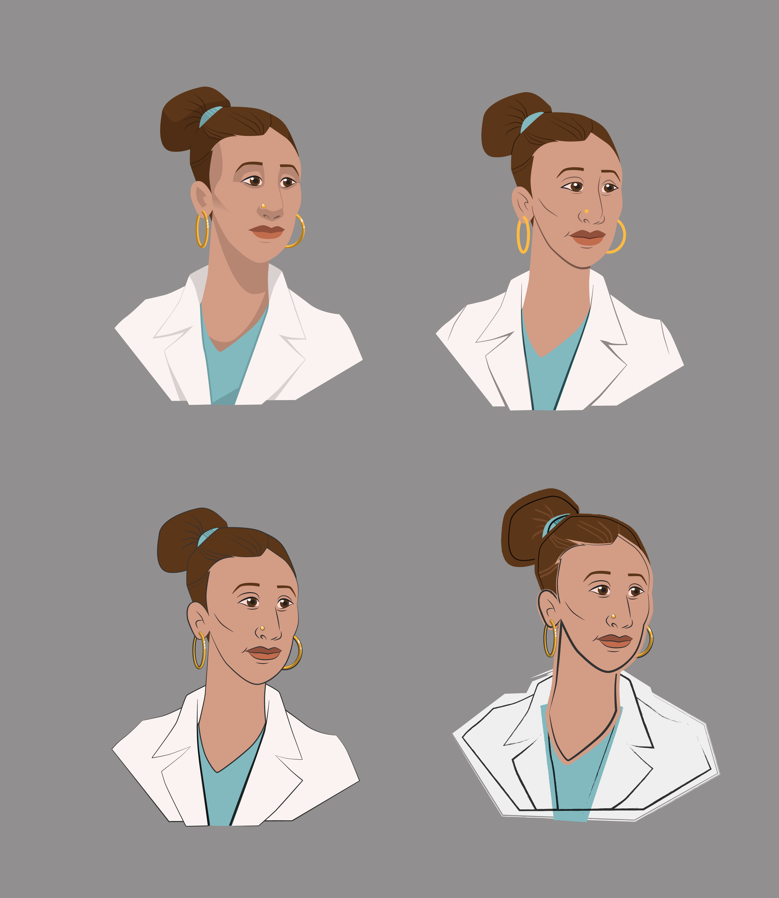 Character style explorations using various color fills and line types. The client preferred the 2nd option.