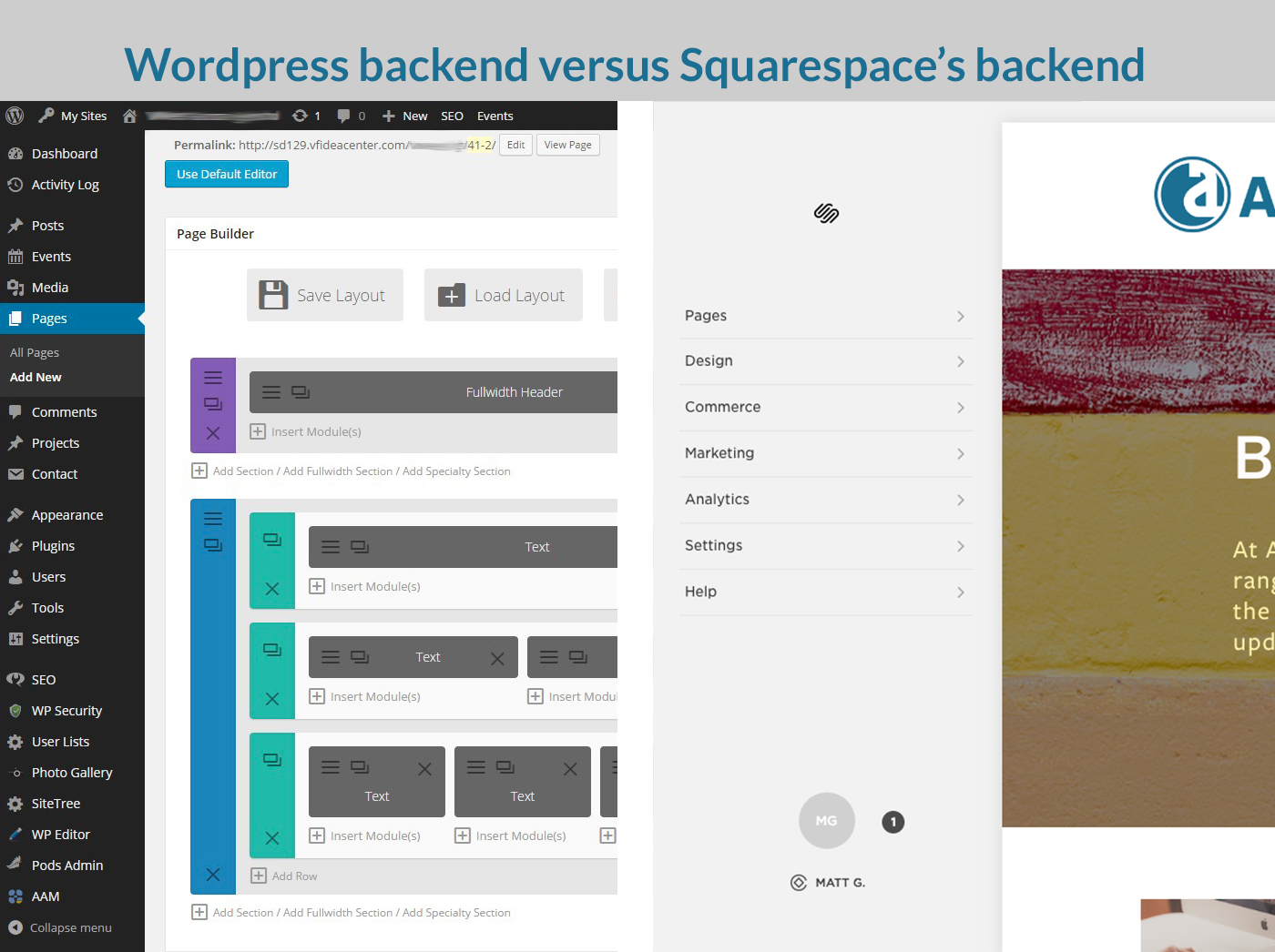 Wordpress backend versus Squarespace's backend