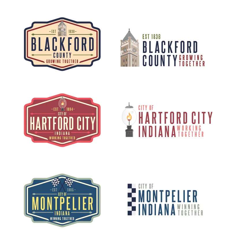 Blackford County, Hartford City, and Montpelier Primary Logos on the left and Secondary Logos on the right.