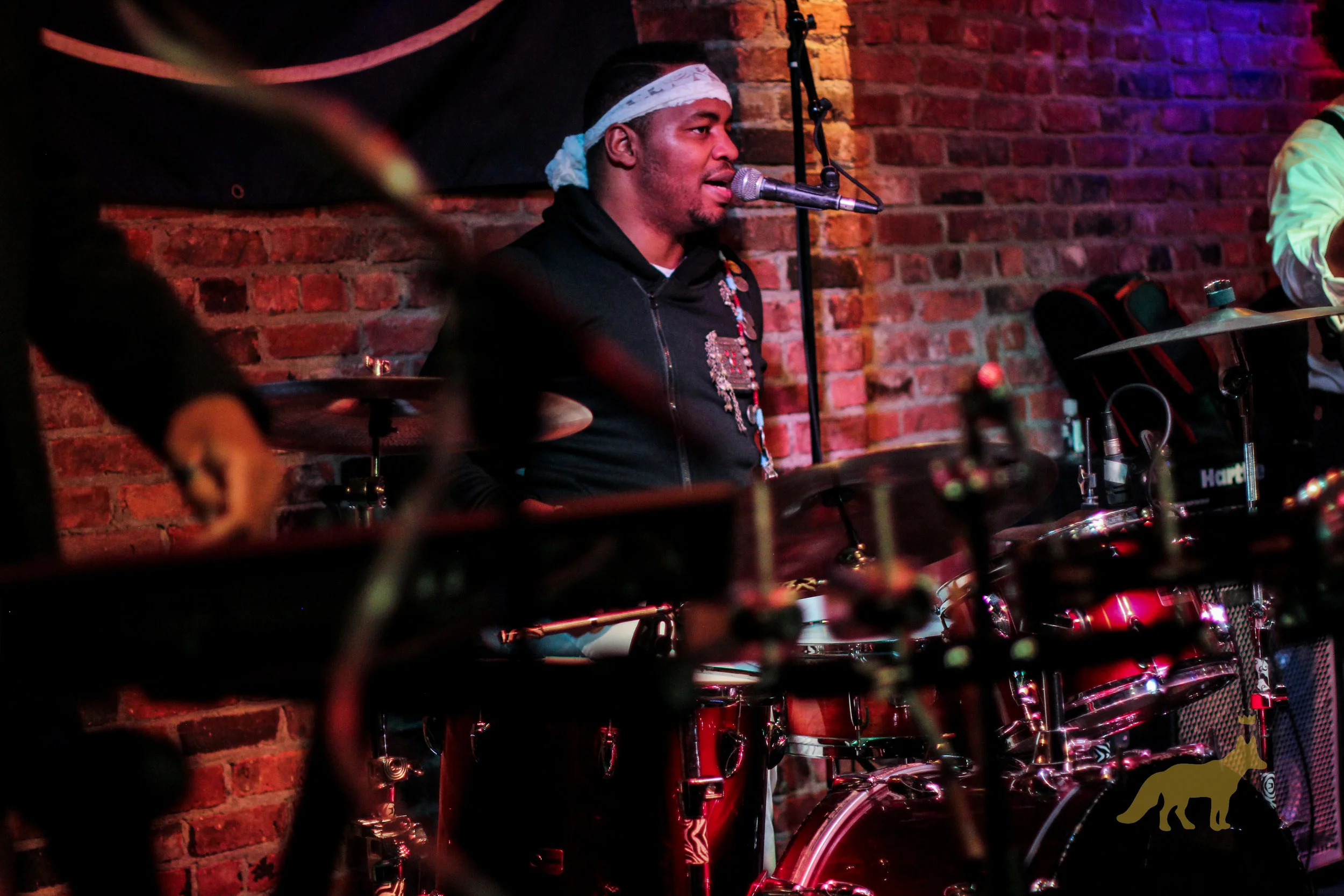 Lou Hill getting down on the drums at The Bitter End. Photo courtesy of Kevin Vallejos.