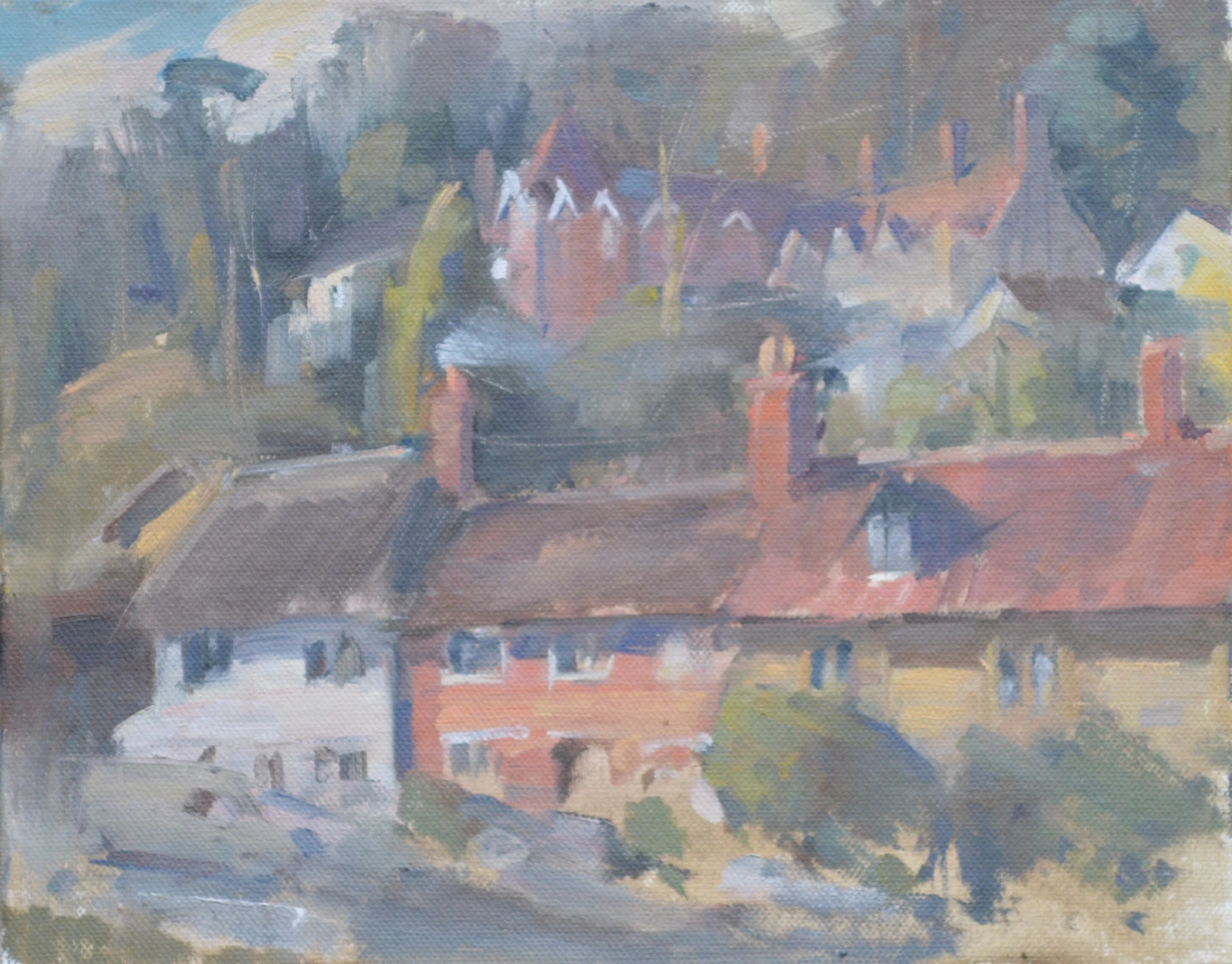 Village houses, East Knoyle.  Oil on canvas board