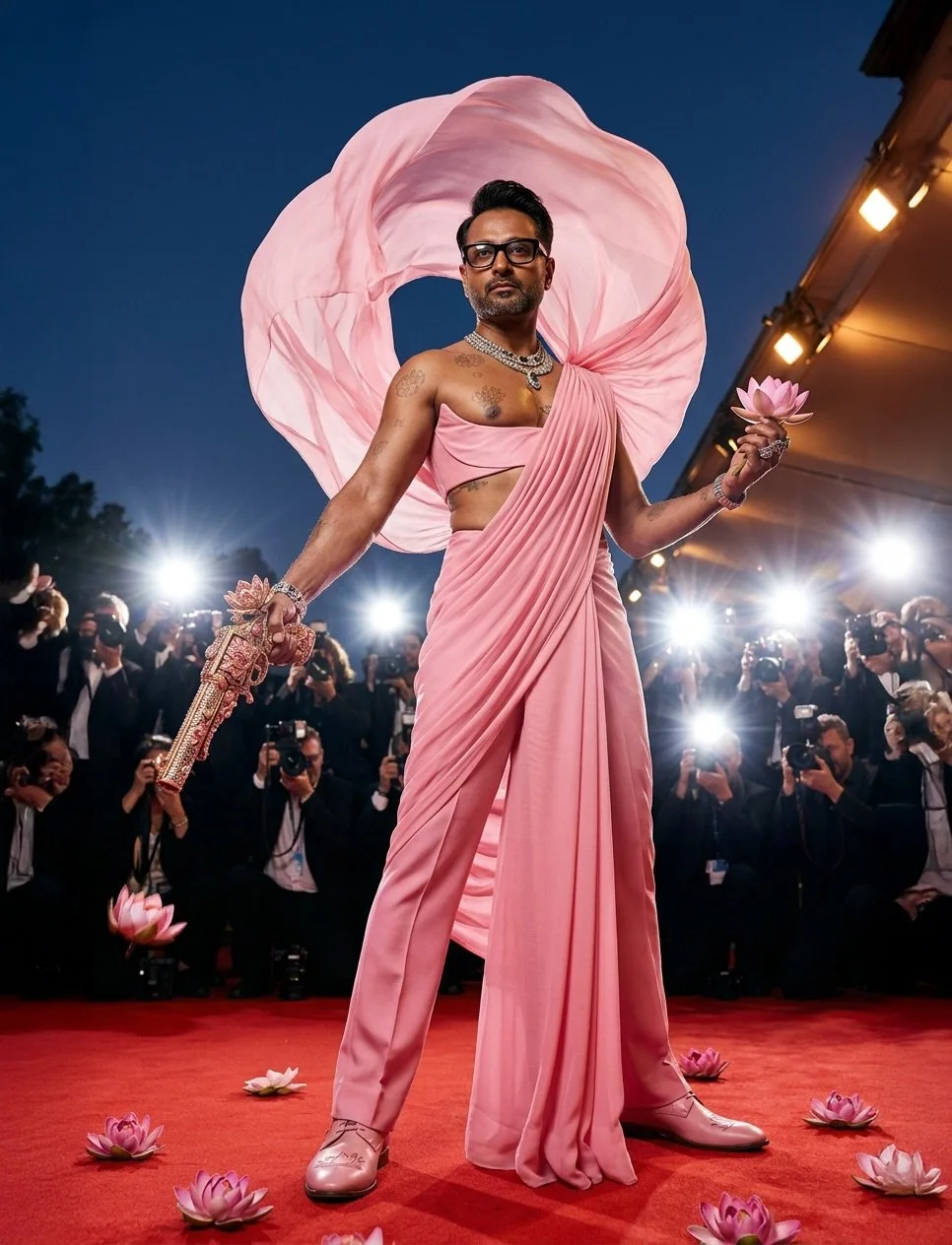 A little homage, a little drama.
From canvas to carpet. #MetGala #RajaRaviVarma #FashionisArt 

Comment Lotus 🌸 if you want the prompt.
Made with Adobe Firefly. 

@adobefirefly 
#AIFashion #AdobeFirefly