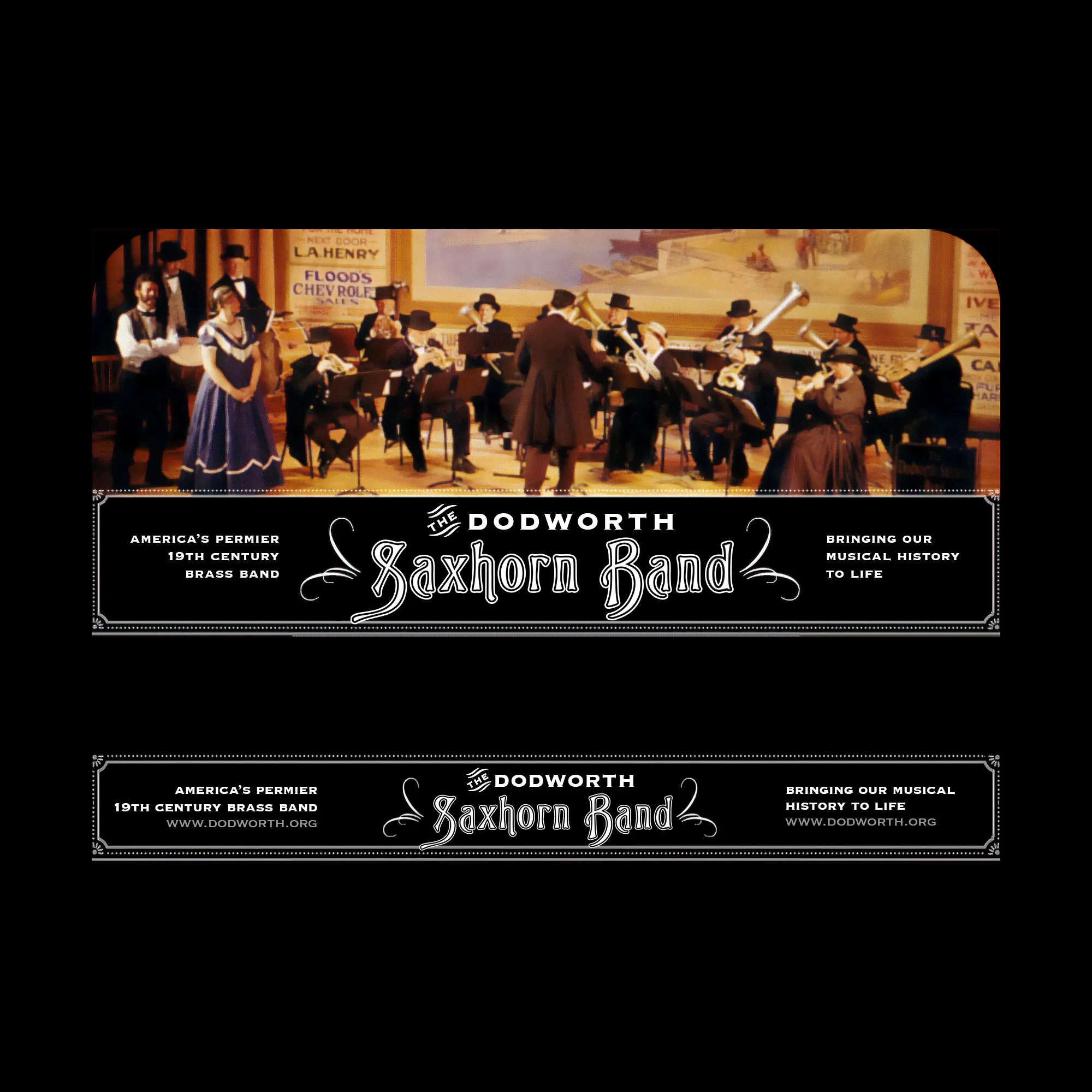 Back in the 1880s this is how ad banners looked. Haha, no. But it is how I imagine they would have when I constructed a website for this historical band. This is the home page banner (top) and an ad banner (bottom). Also, logo design and branding.