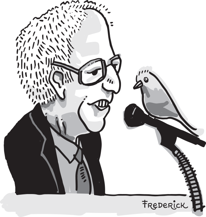 Bernie Sanders, politician, and the bird that landed on his microphone during a speech