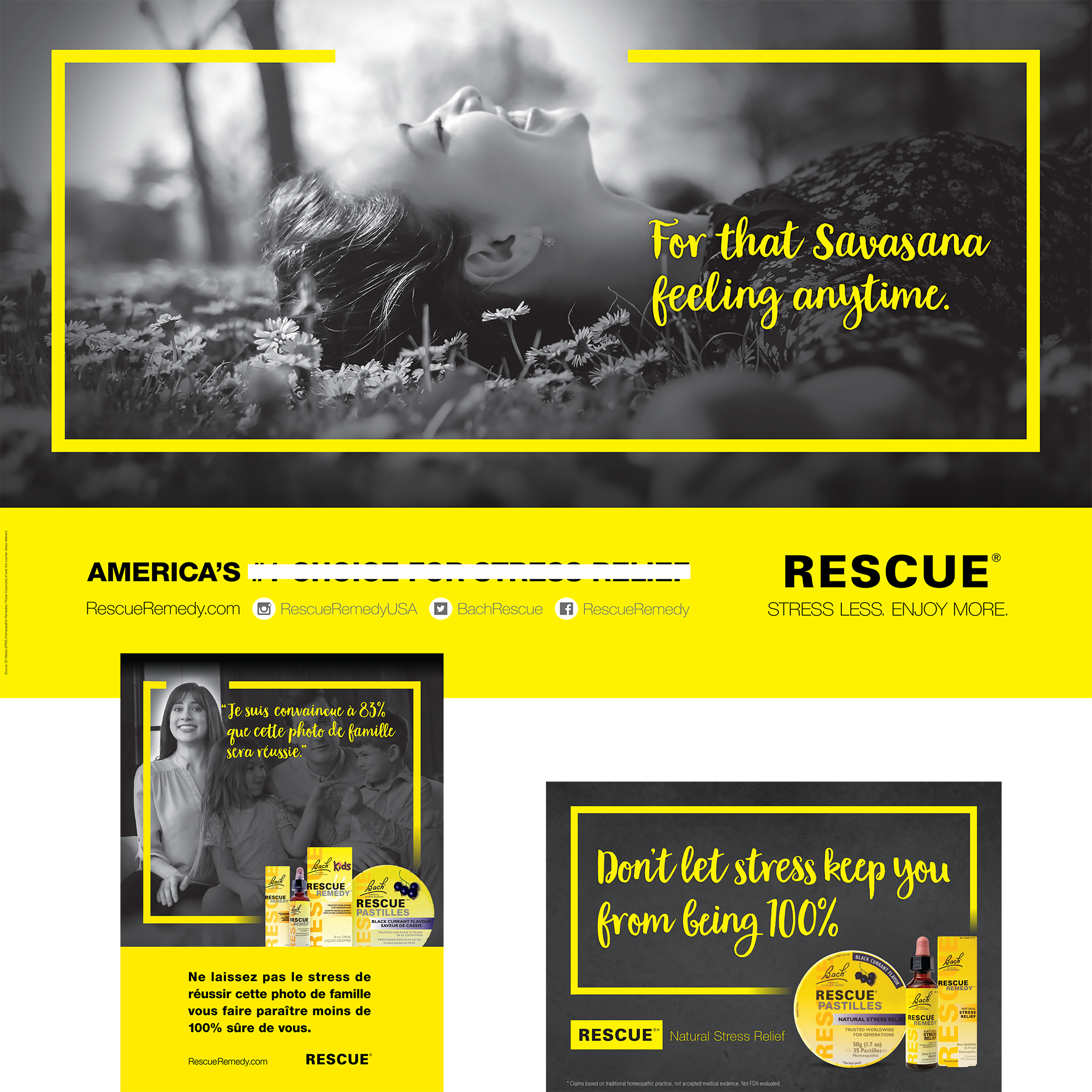 Wall (top) from Wanderlust yoga event (with old copy whited out) and two large posters, one in French Canadian. This was the ad campaign direction at the time. Actual sizes: 8’ x 6’,  2’ x 4’, unknown.