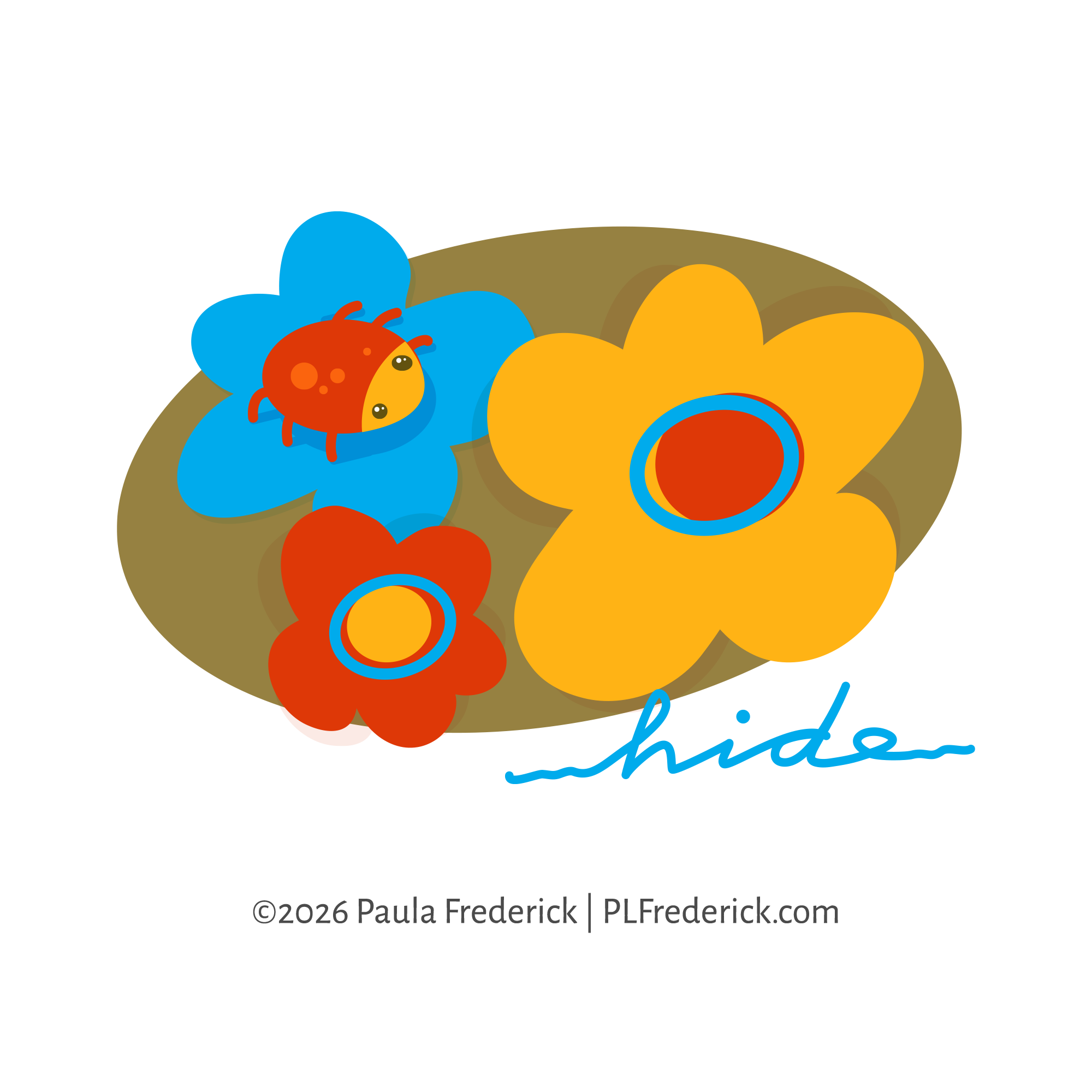 Digital illustration for the concept of hiding. A red ladybug on blue petals is blending in with the other flowers in her midst. | Illustration by Paula Frederick